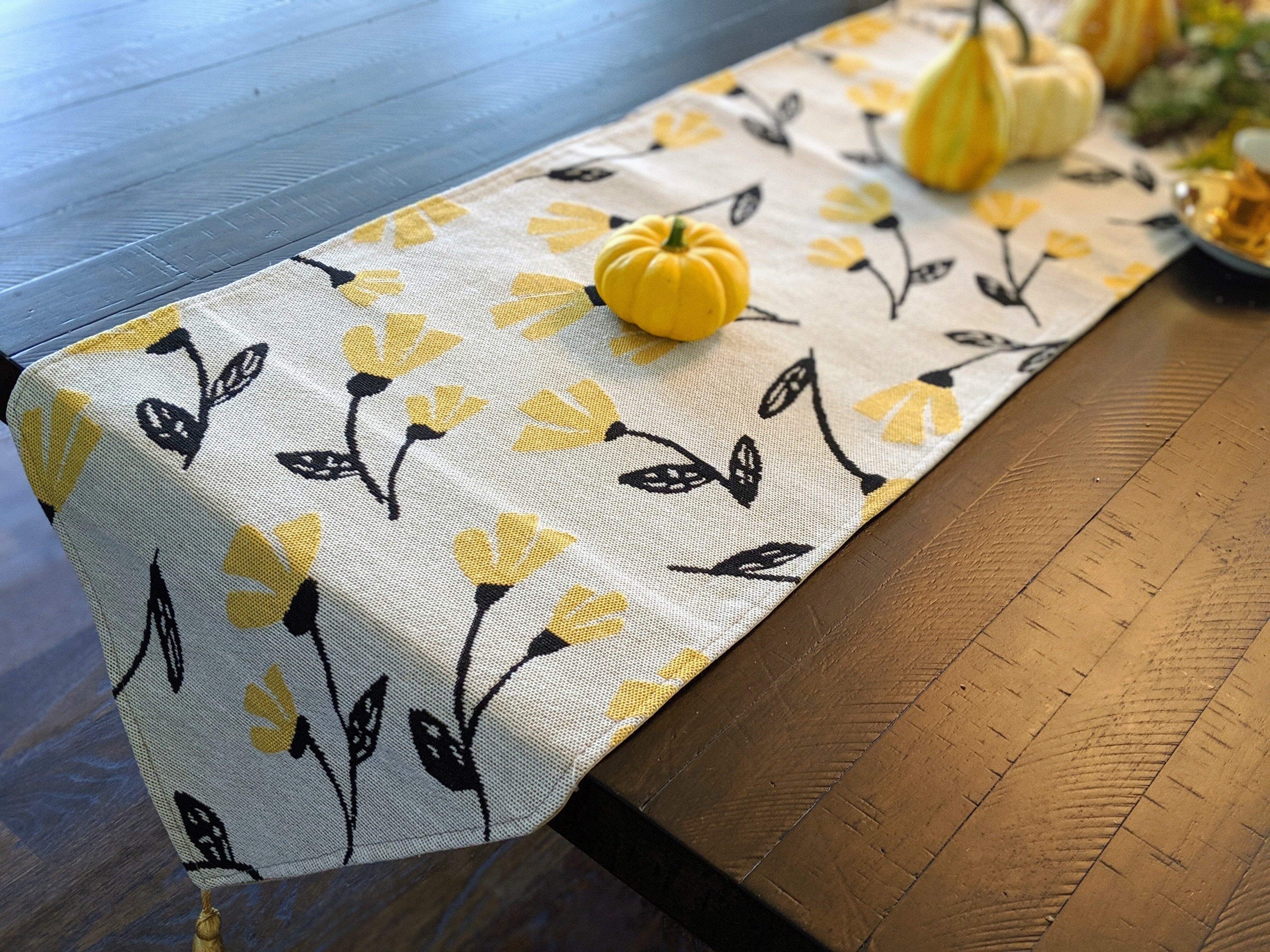 Yellow Fleur, Floral Garden, Woven Tapestry Dining Table Runner - Image 4