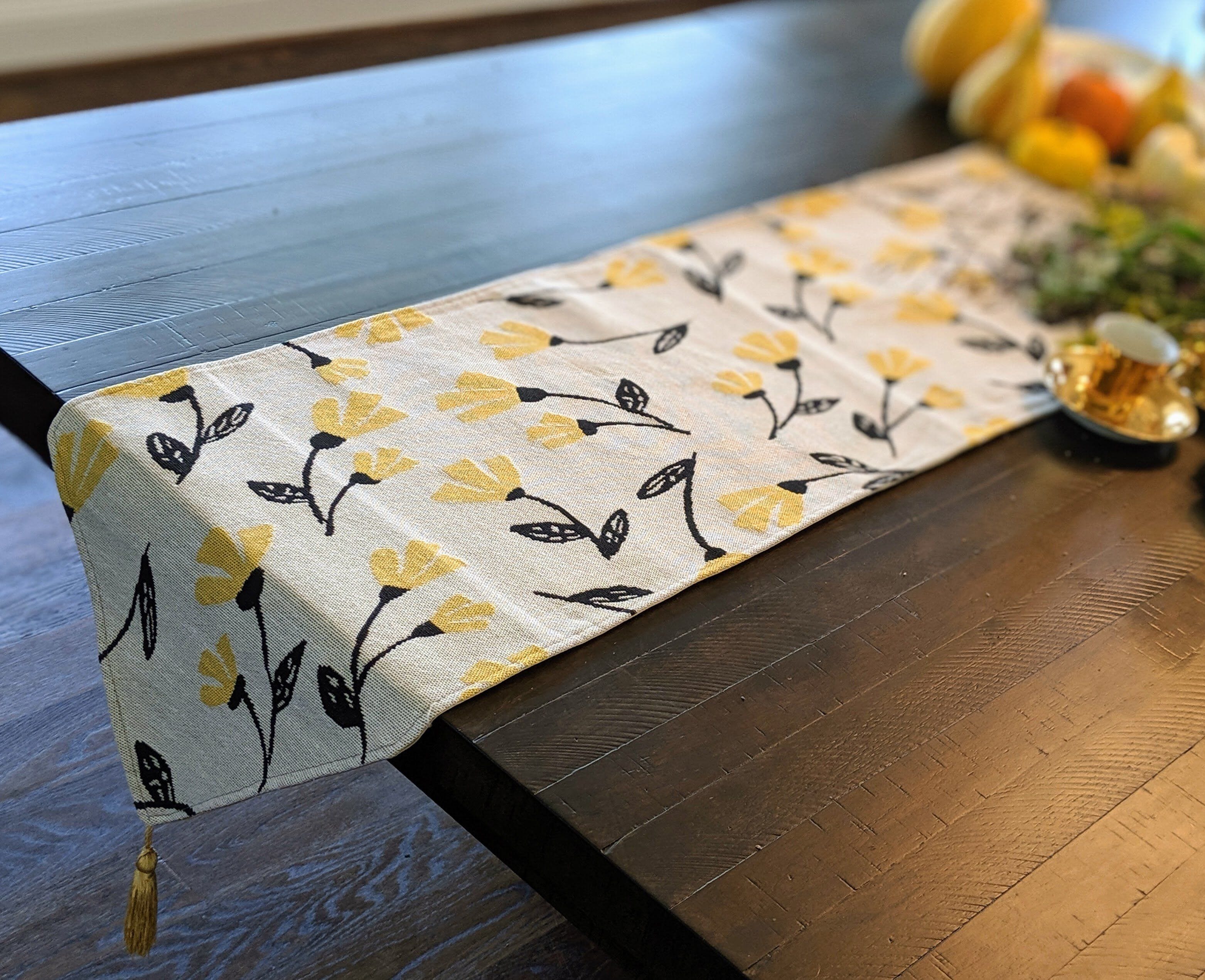 Yellow Fleur, Floral Garden, Woven Tapestry Dining Table Runner - Image 7
