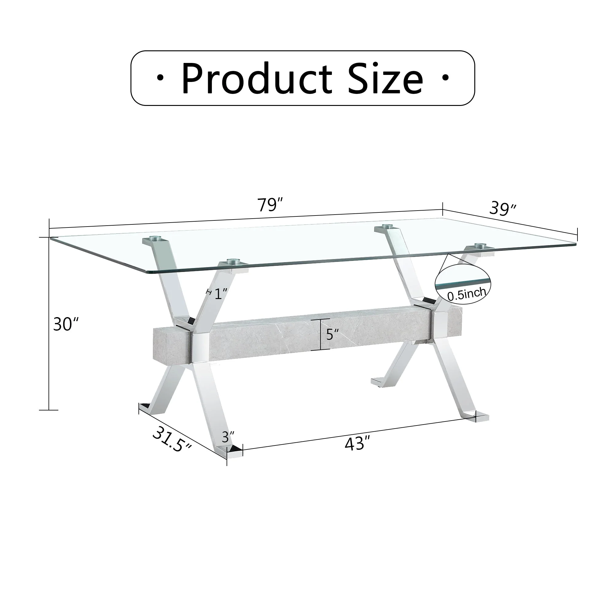 Modern Tempered Glass Dining Table 79 ''x39'' x 30 '' 1105 - Image 3
