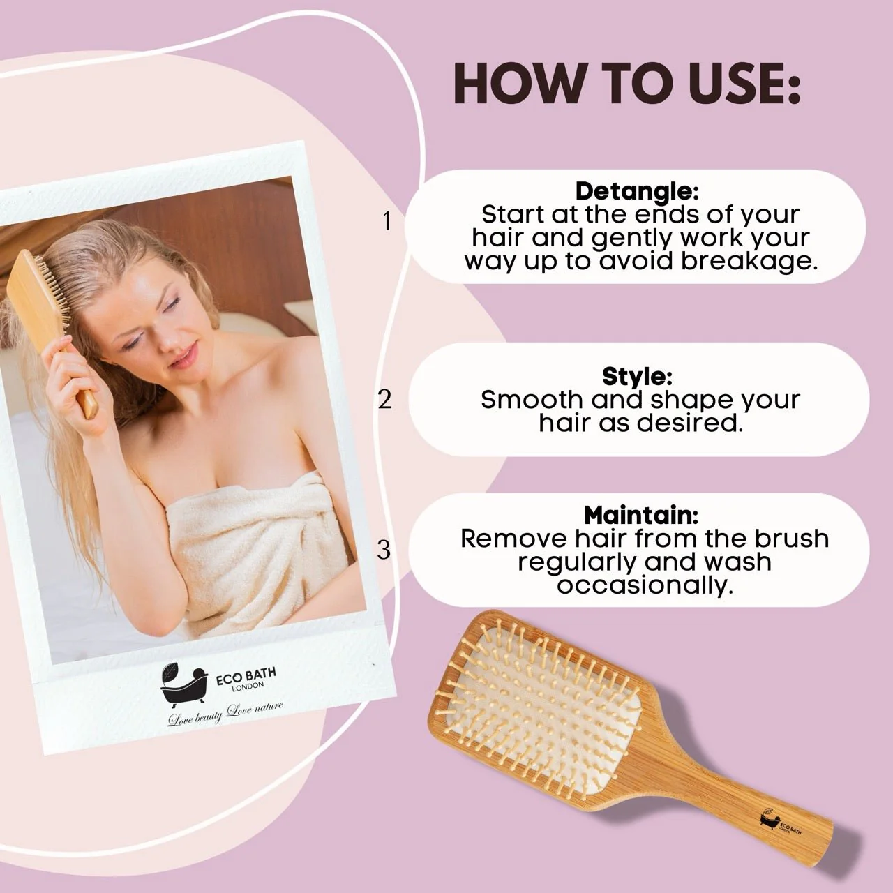 Eco Bath London Bamboo Hairbrush with Wooden Pins - Eco-Friendly Paddle Detangler for Long, Thick, and Curly Hair by Eco Bath London - Image 5
