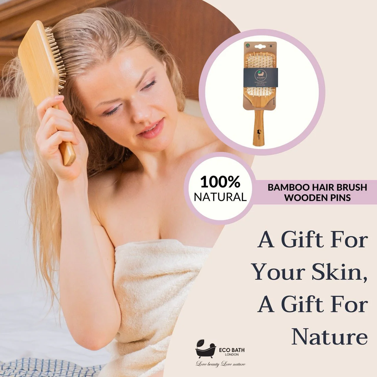 Eco Bath London Bamboo Hairbrush with Wooden Pins - Eco-Friendly Paddle Detangler for Long, Thick, and Curly Hair by Eco Bath London - Image 7