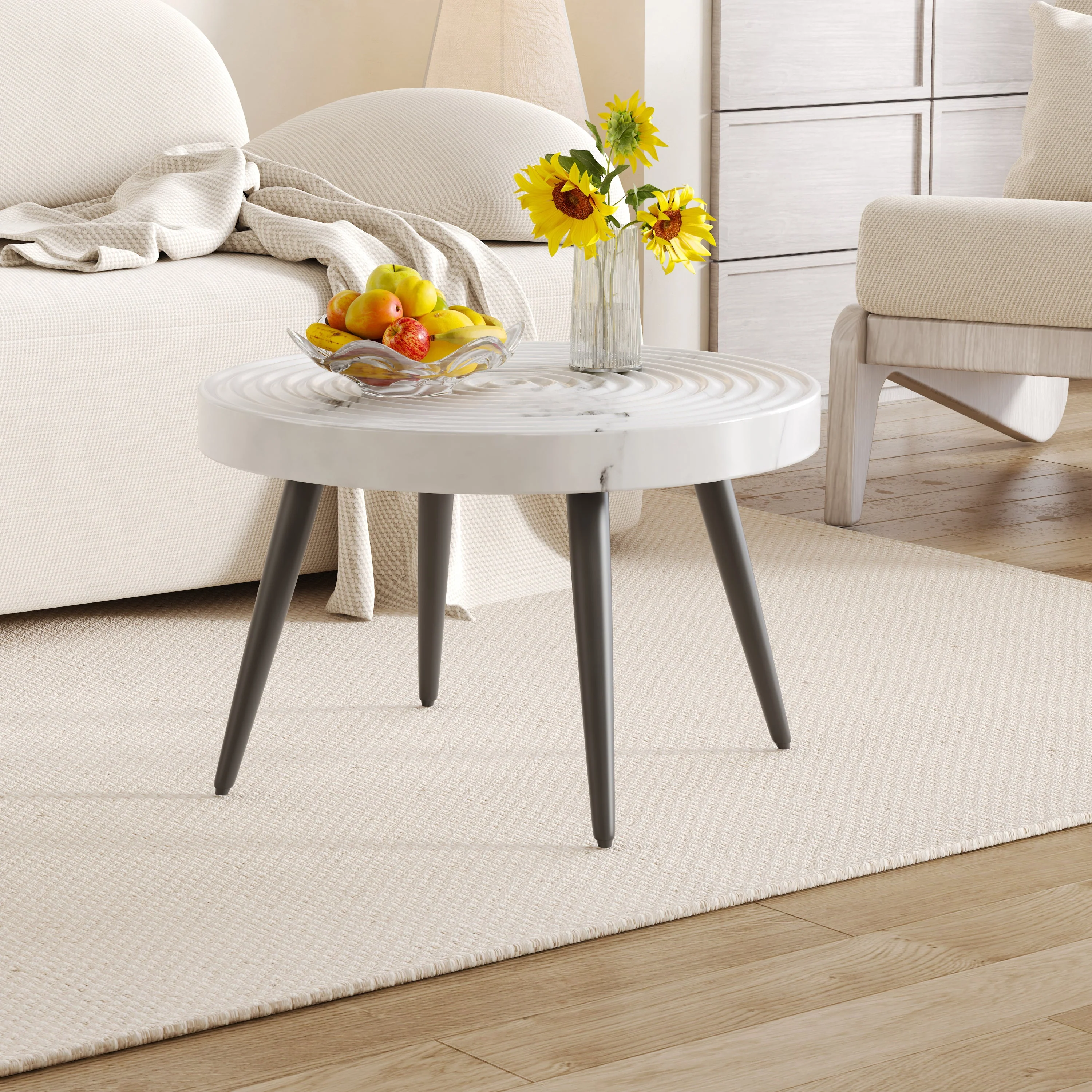 White Marble Pattern Round Coffee Table - Black Sprayed Metal Leg - Image 2