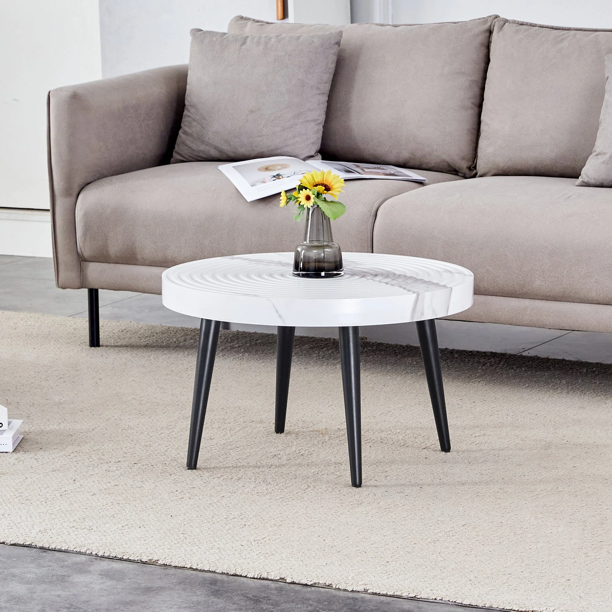 White Marble Pattern Round Coffee Table - Black Sprayed Metal Leg - Image 3