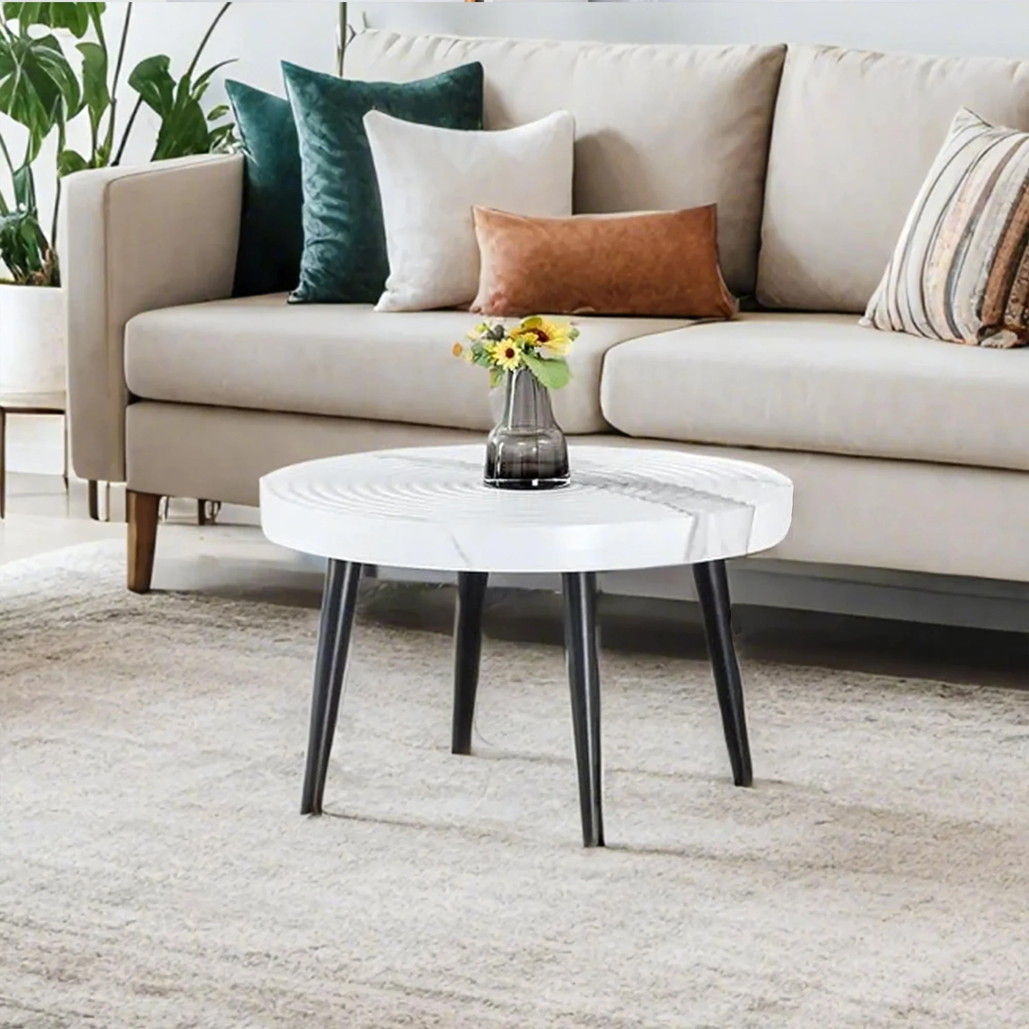 White Marble Pattern Round Coffee Table - Black Sprayed Metal Leg - Image 4