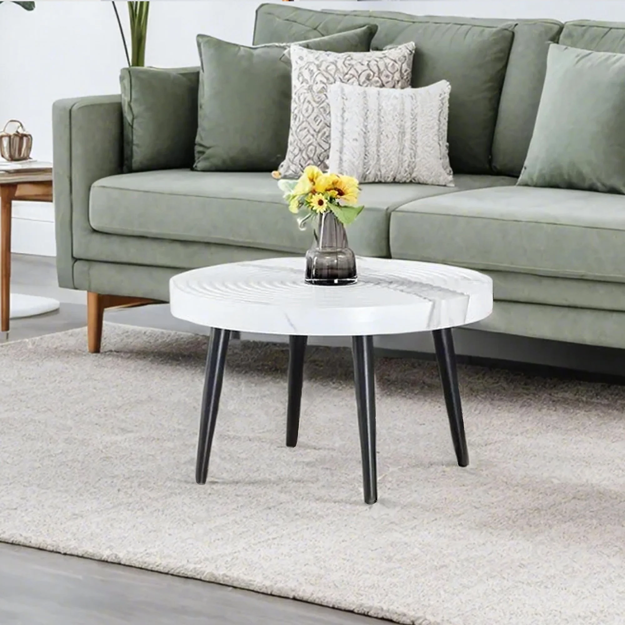 White Marble Pattern Round Coffee Table - Black Sprayed Metal Leg - Image 5