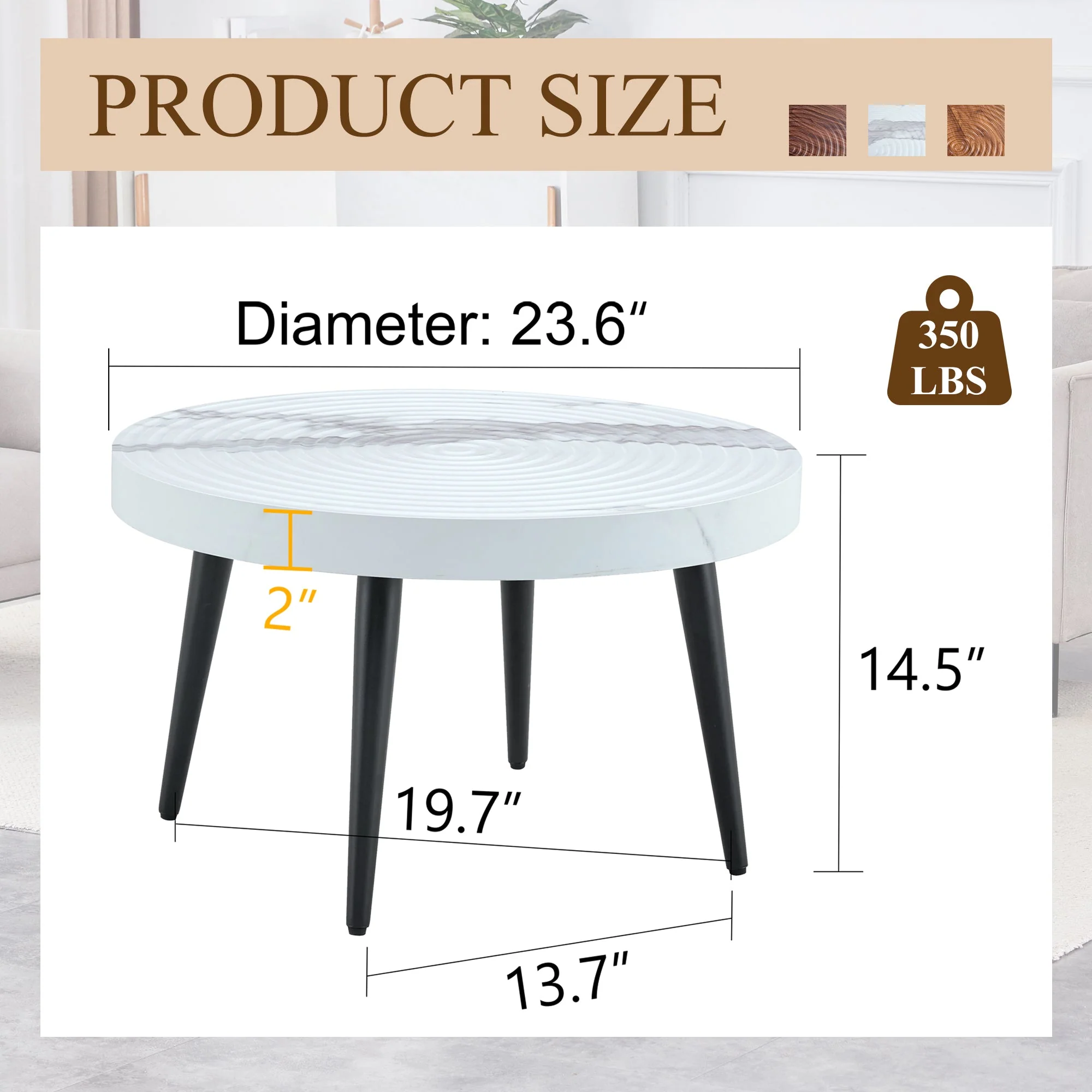 White Marble Pattern Round Coffee Table - Black Sprayed Metal Leg - Image 7