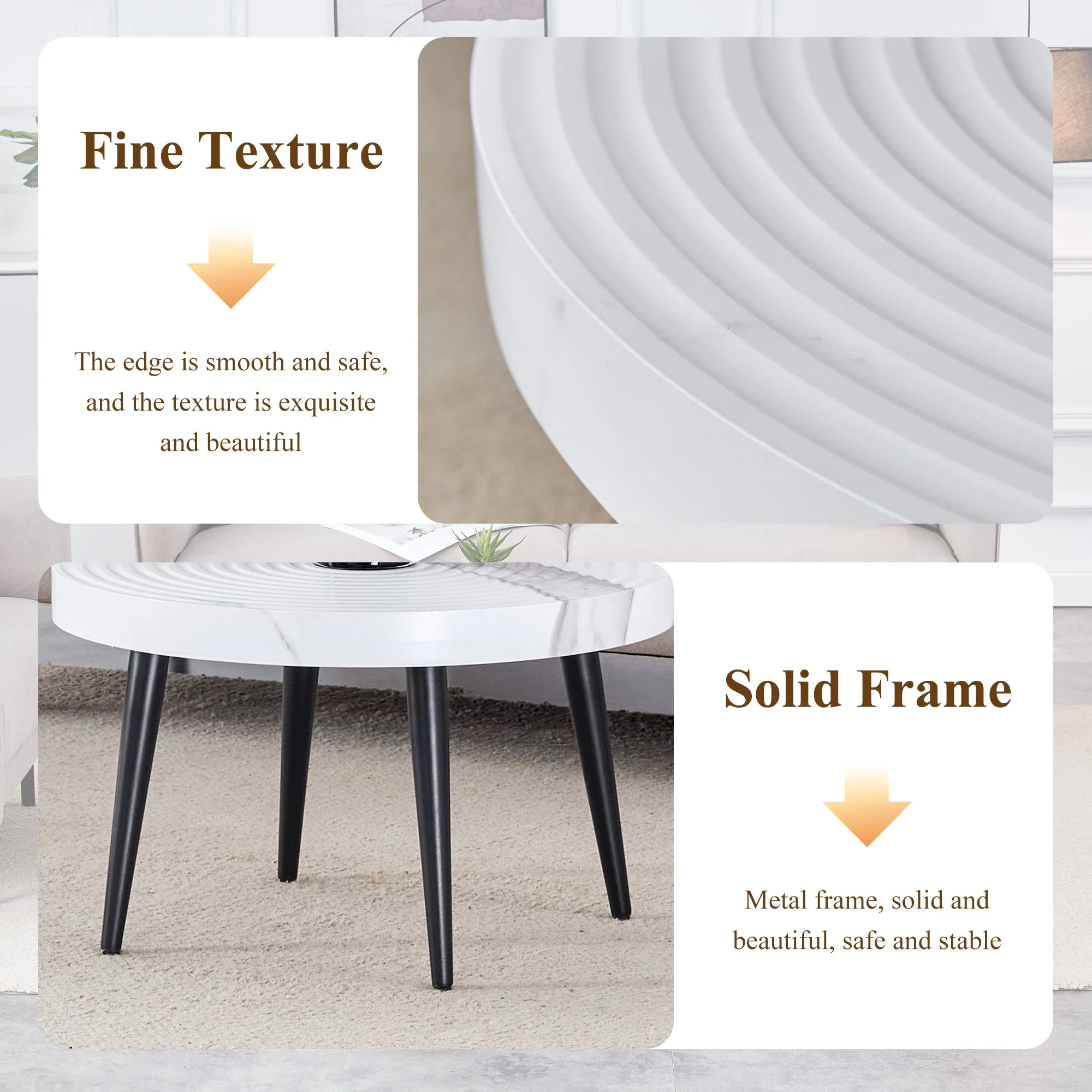 White Marble Pattern Round Coffee Table - Black Sprayed Metal Leg - Image 9