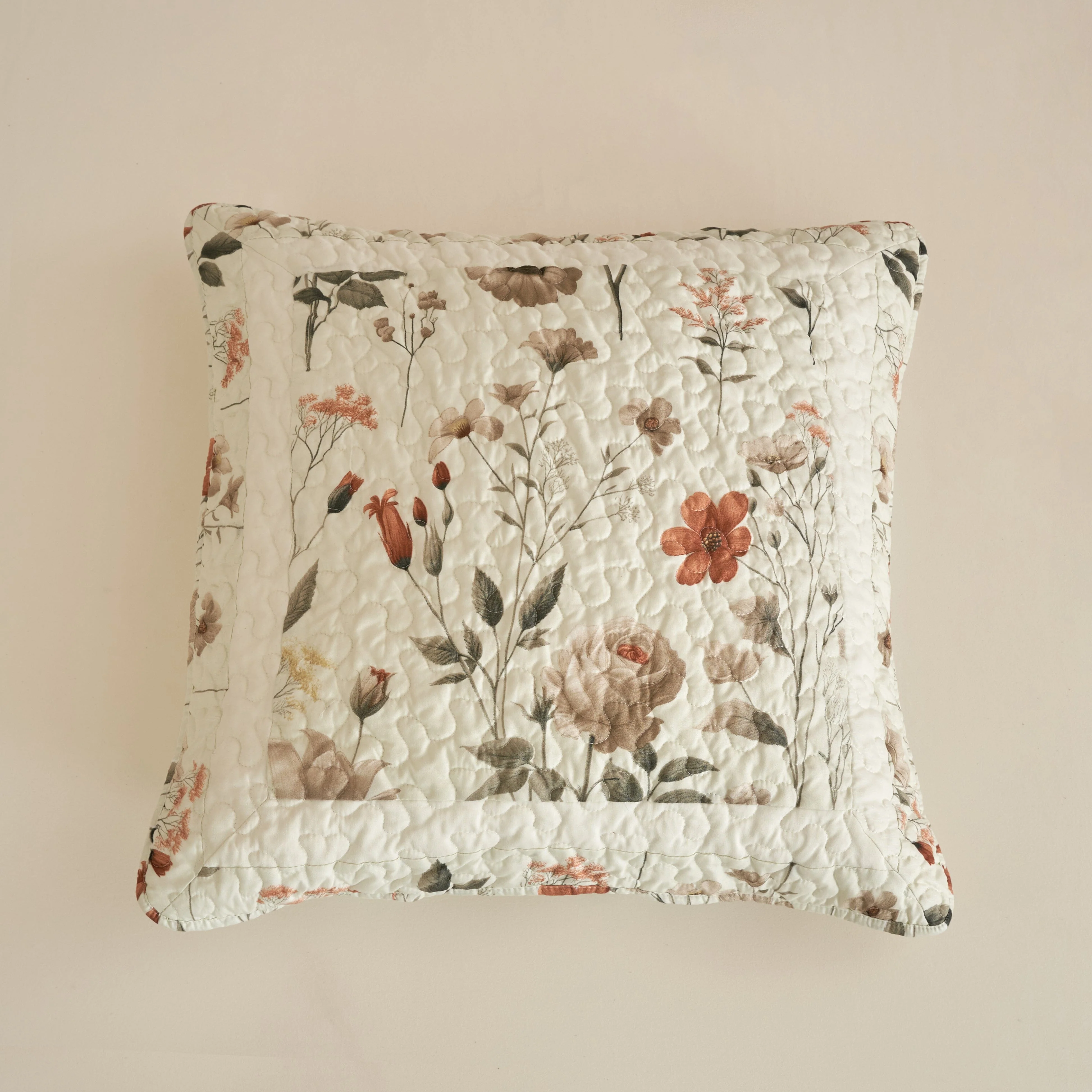 Enchanted Meadow Throw Pillow Euro Cover - Floral Design in Beige, Rose, and Soft Green