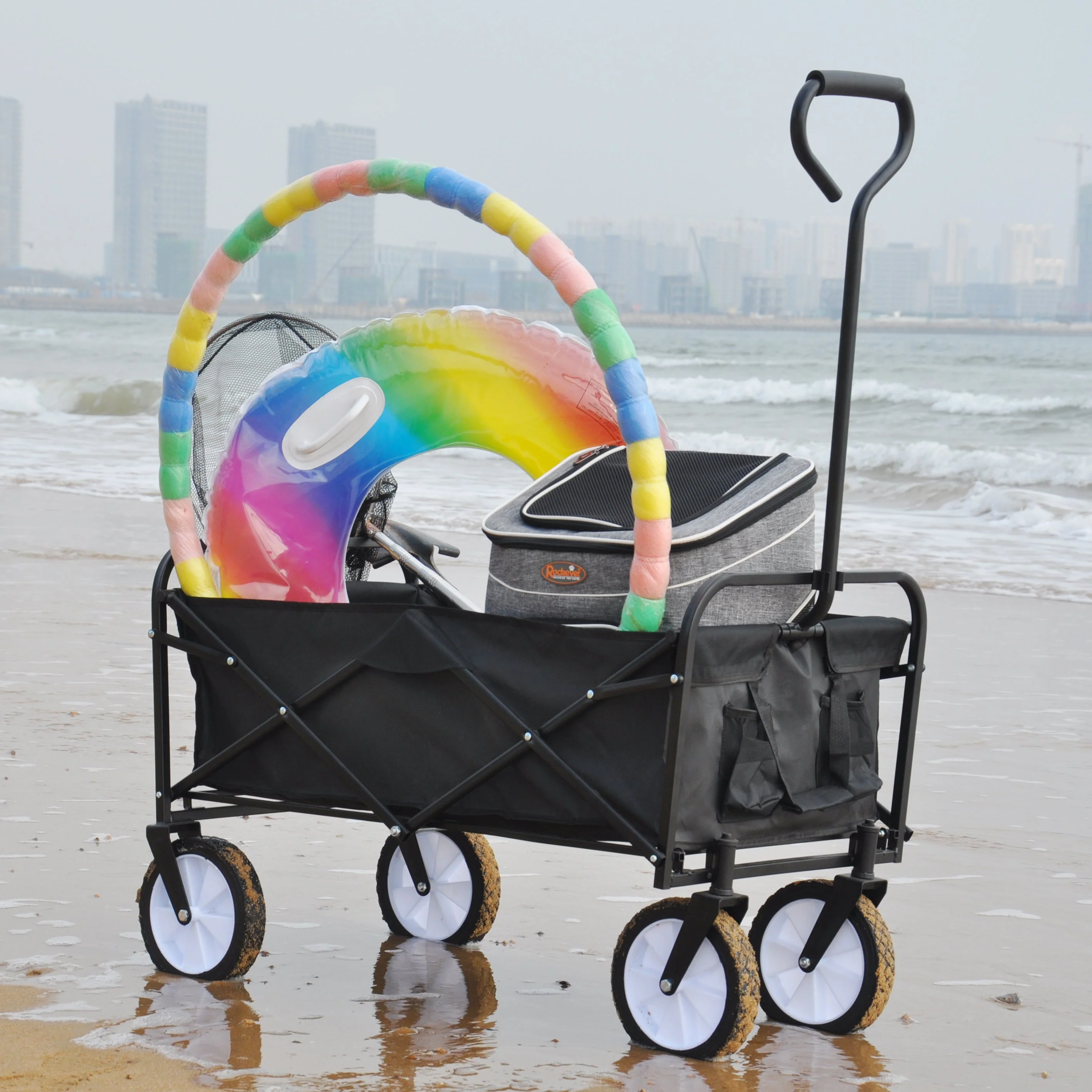 Folding Wagon Garden Shopping Beach Cart (Black) - Image 38
