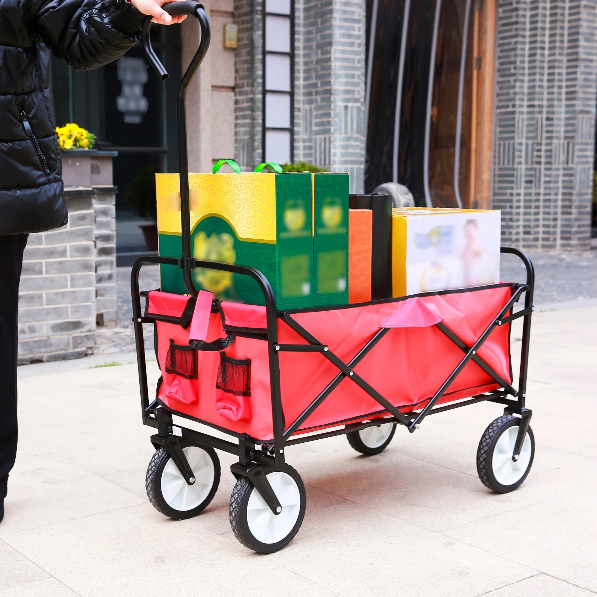 Folding Wagon Garden Shopping Beach Cart (Red) - Image 12
