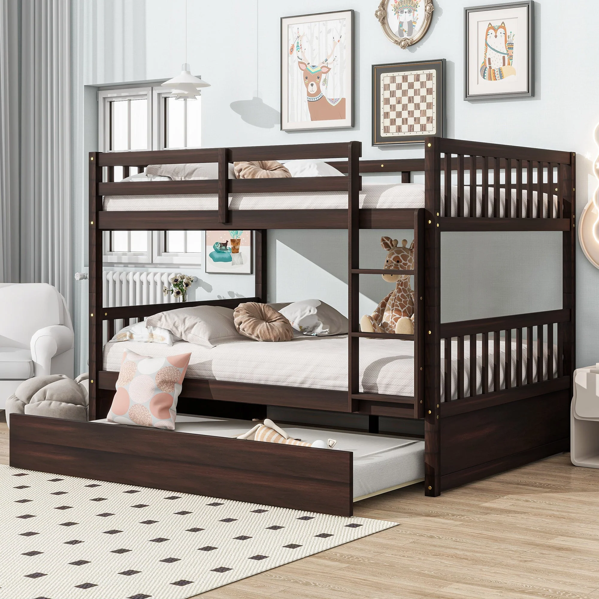 Full-Over-Full Rubber Wood Bunk Bed with Trundle, Ladder and Guardrails, Convertible to 2 Full Size Beds, Espresso - Image 5