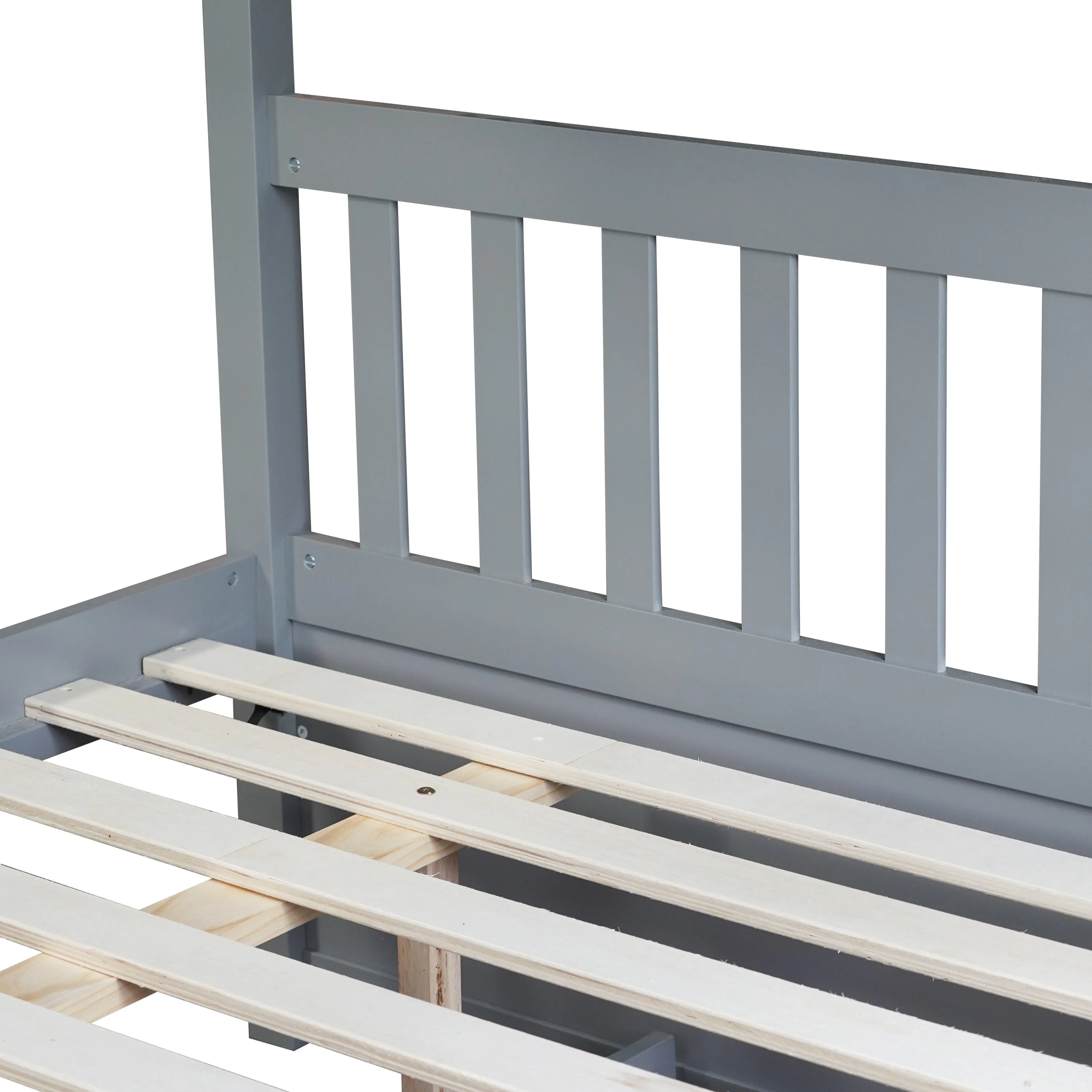 Rubber Wood Bunk Bed with Trundle, Ladder and Guardrails, Convertible to 2 Full Size Beds, Grey - Image 17