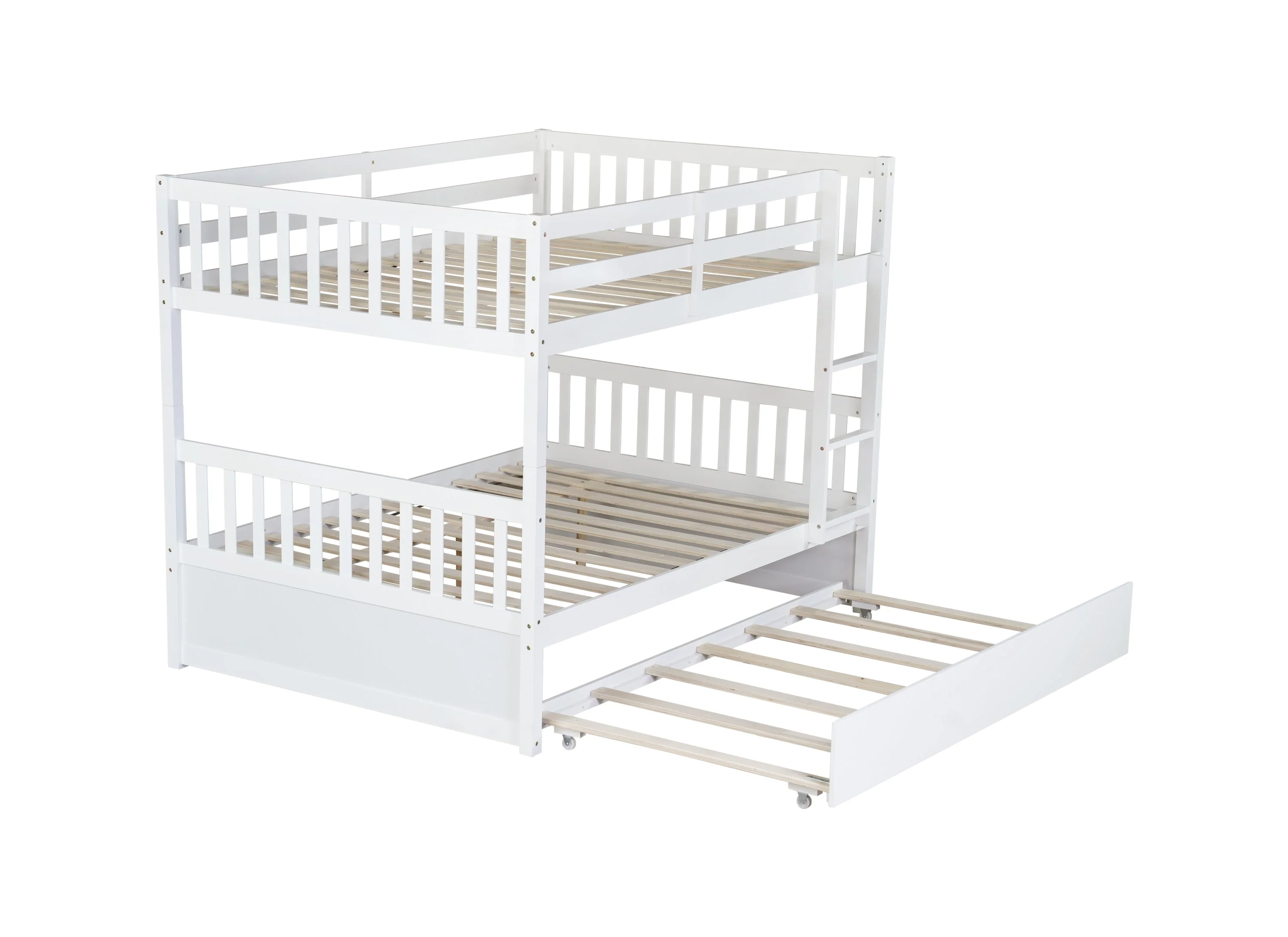 Full-Over-Full Rubber Wood Bunk Bed with Trundle, Ladder and Guardrails, White - Image 13