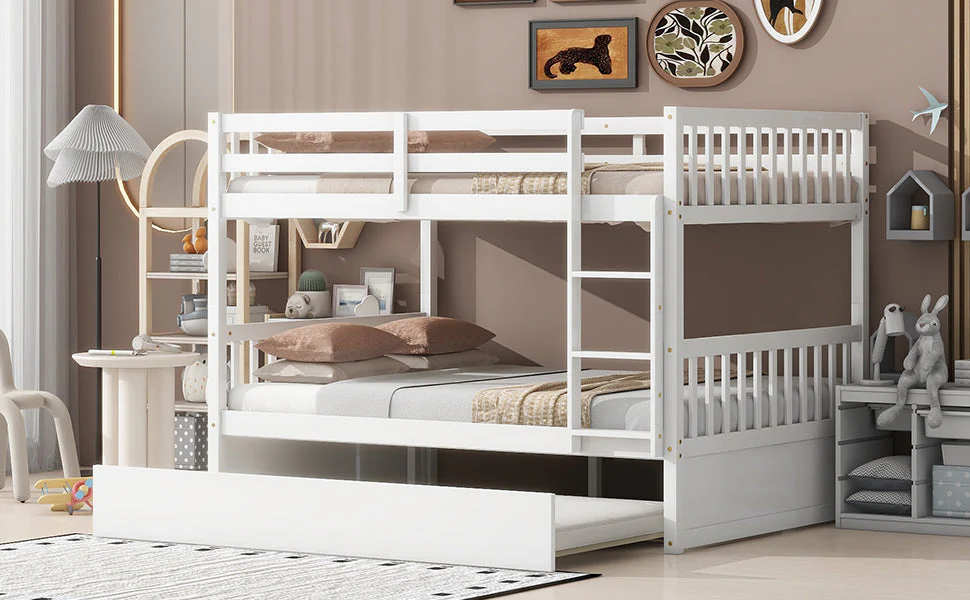 Full-Over-Full Rubber Wood Bunk Bed with Trundle, Ladder and Guardrails, White - Image 7