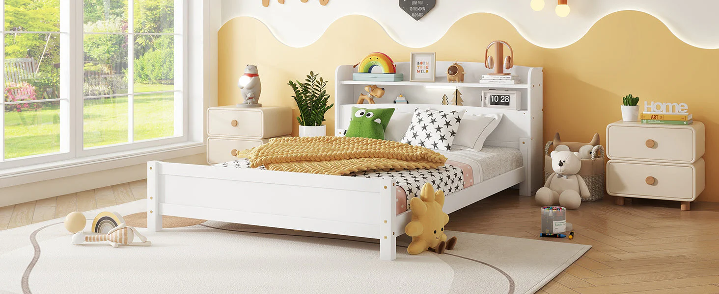 Full Pine Wood Bed with Bookcase Headboard, LED Motion Sensor Light - White - Image 15