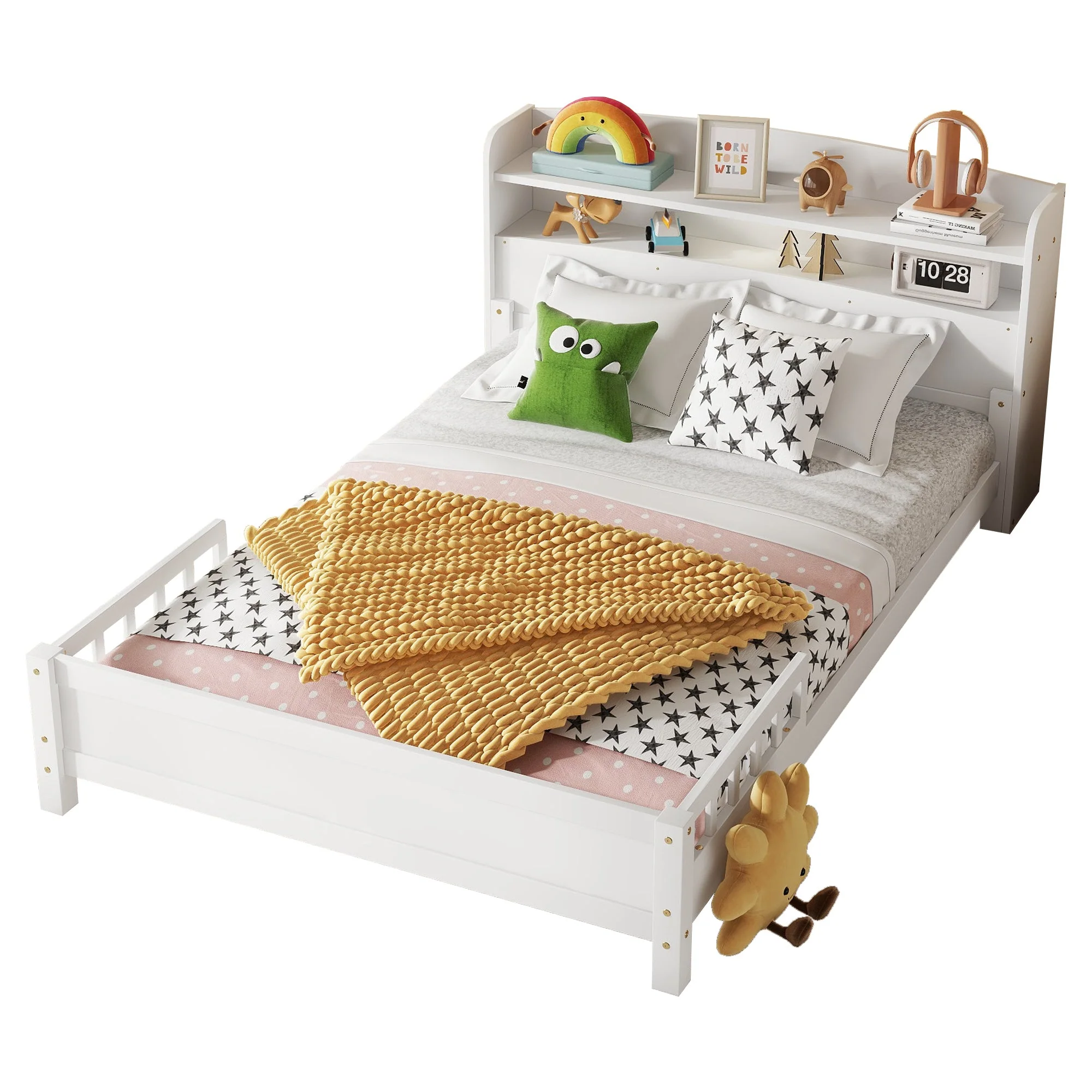 Full Pine Wood Bed with Bookcase Headboard, LED Motion Sensor Light - White - Image 19