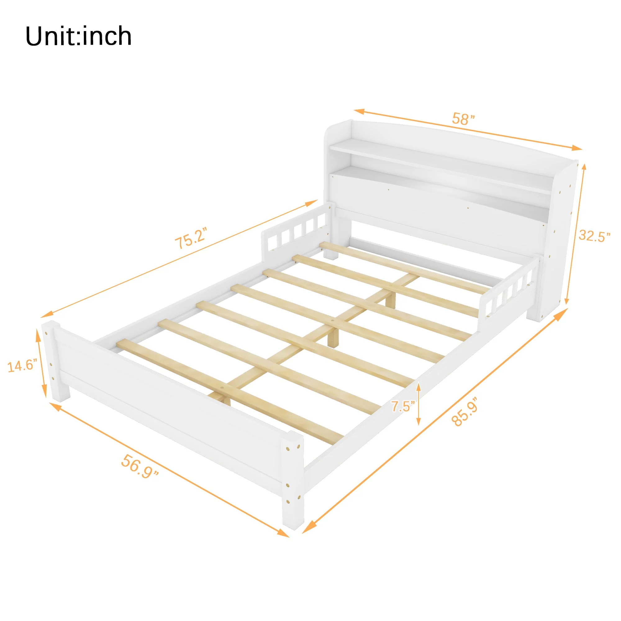 Full Pine Wood Bed with Bookcase Headboard, LED Motion Sensor Light - White - Image 20