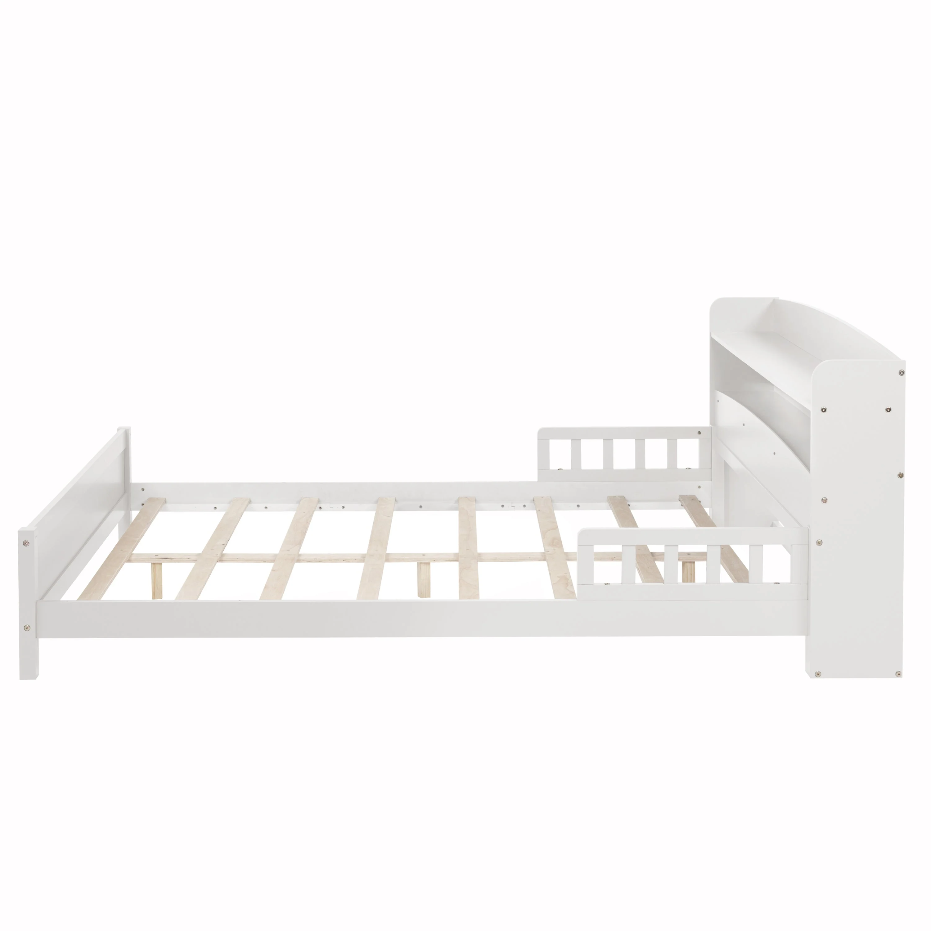 Full Pine Wood Bed with Bookcase Headboard, LED Motion Sensor Light - White - Image 27