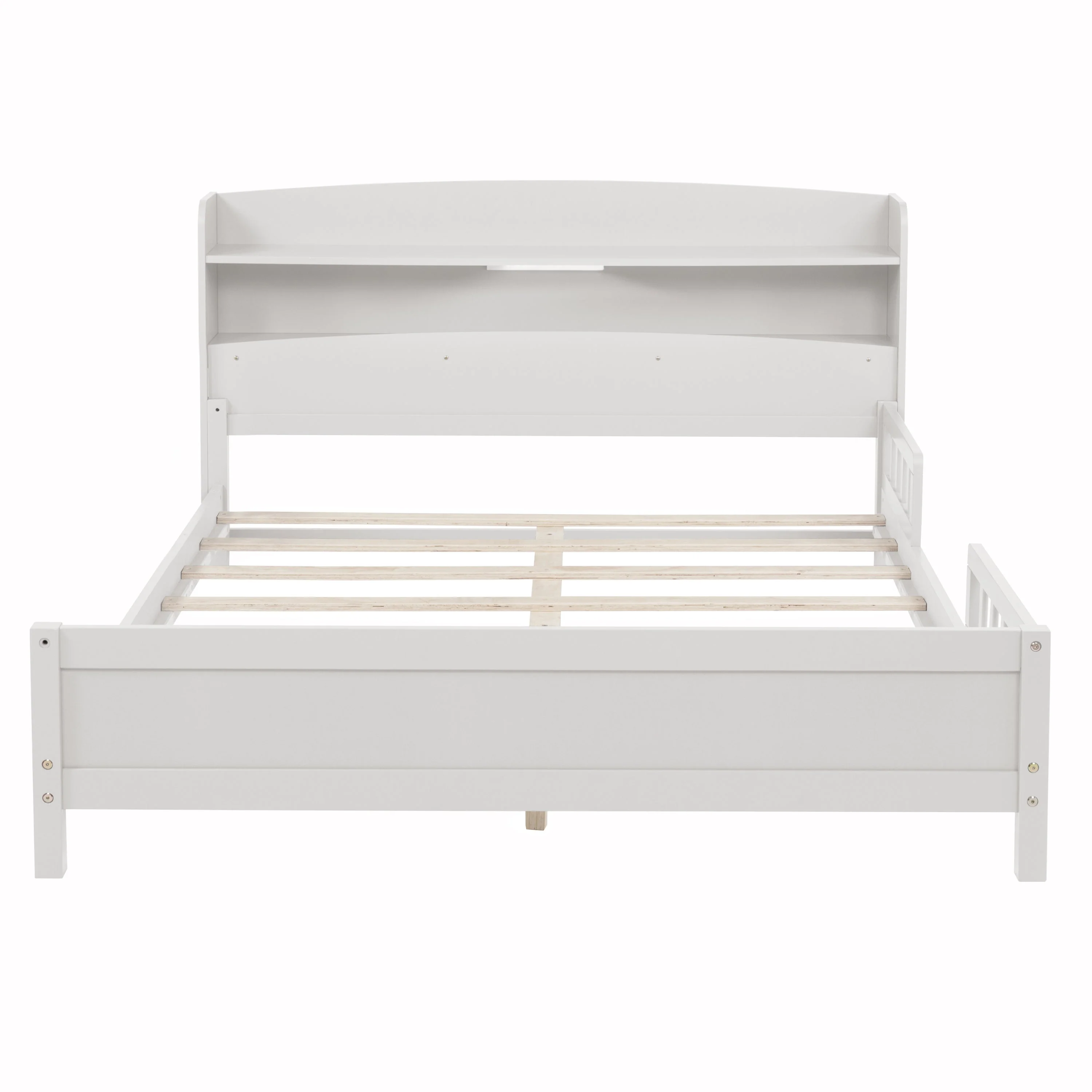 Full Pine Wood Bed with Bookcase Headboard, LED Motion Sensor Light - White - Image 42