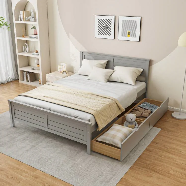 Full Size Grey Platform Bed Frame with 2 Storage Drawers - Image 2
