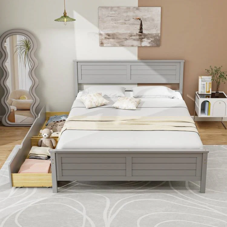Full Size Grey Platform Bed Frame with 2 Storage Drawers - Image 3
