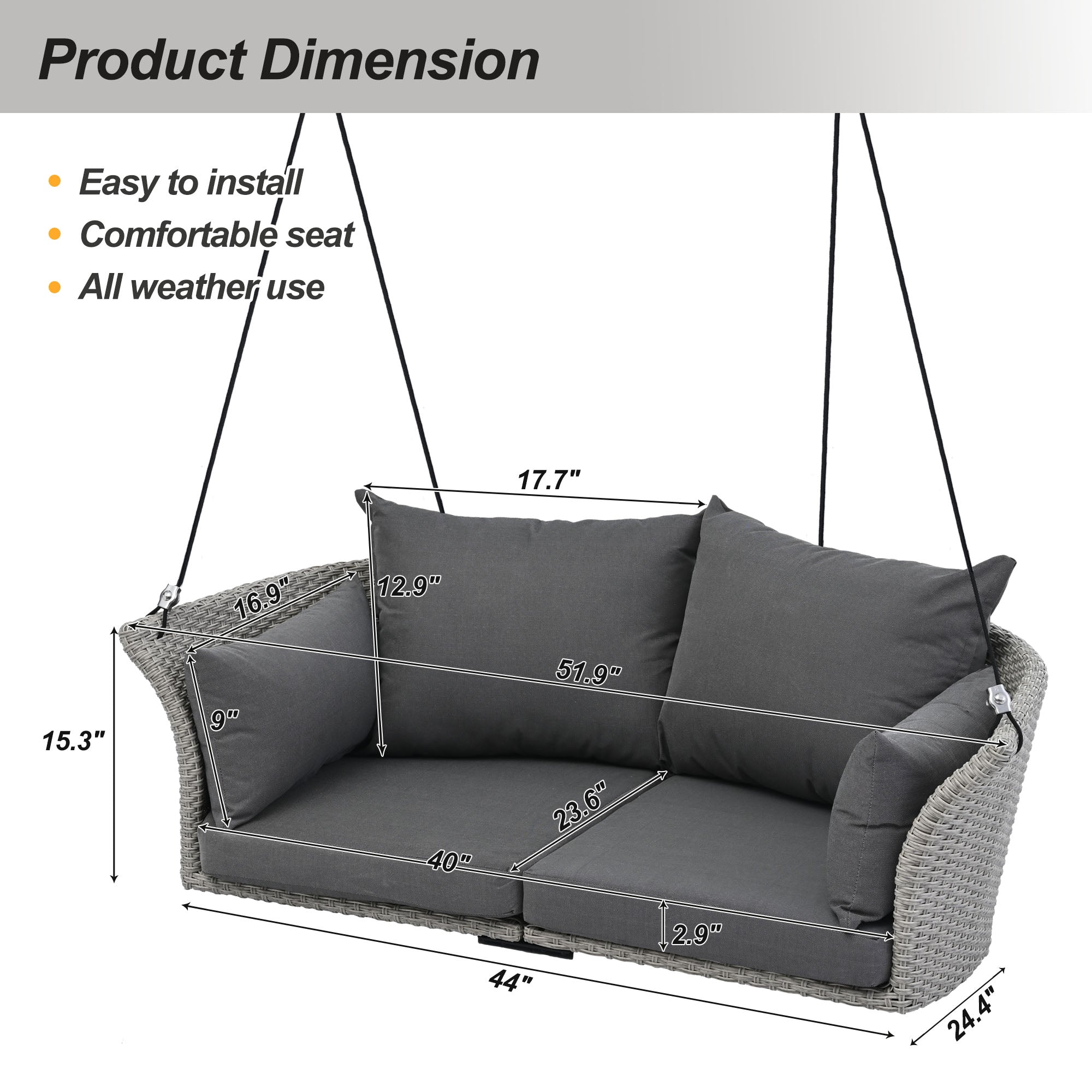 2-Person Rattan Woven Swing Chair, Gray Wicker And Cushion - Image 10