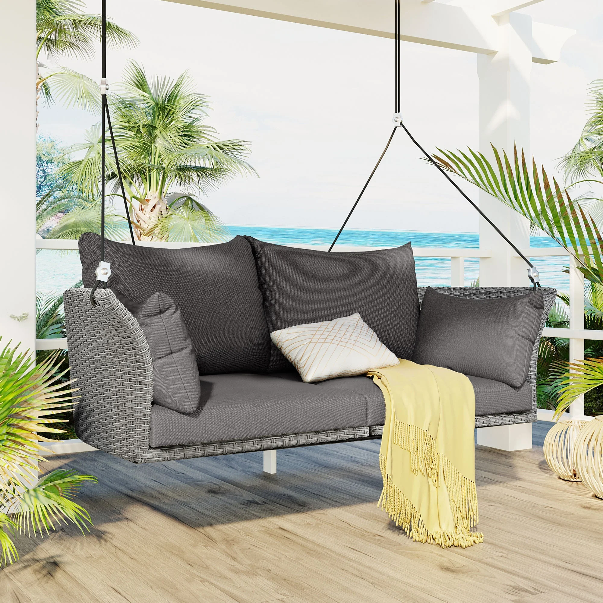 2-Person Rattan Woven Swing Chair, Gray Wicker And Cushion - Image 4