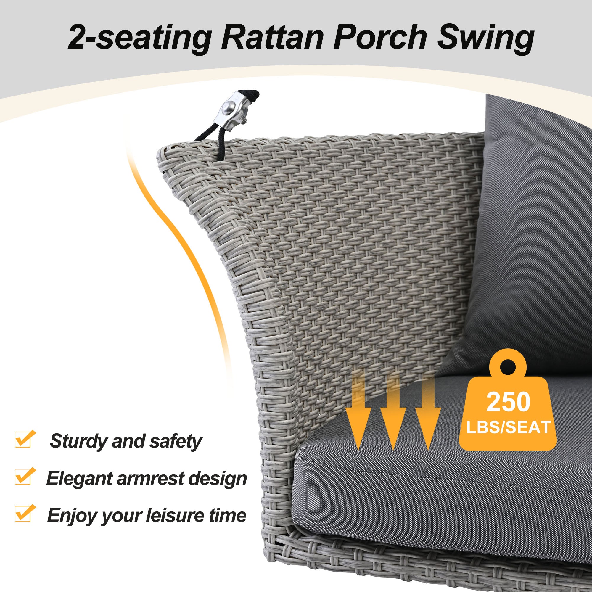 2-Person Rattan Woven Swing Chair, Gray Wicker And Cushion - Image 5