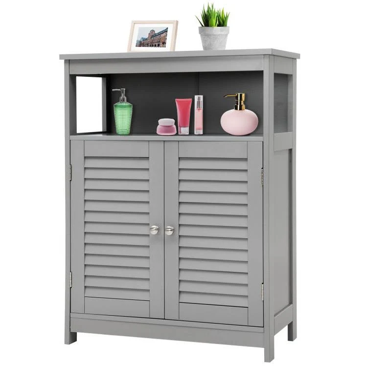 Grey Farmhouse Bathroom Linen Cabinet with Louvered Doors and Open Shelf - Image 3