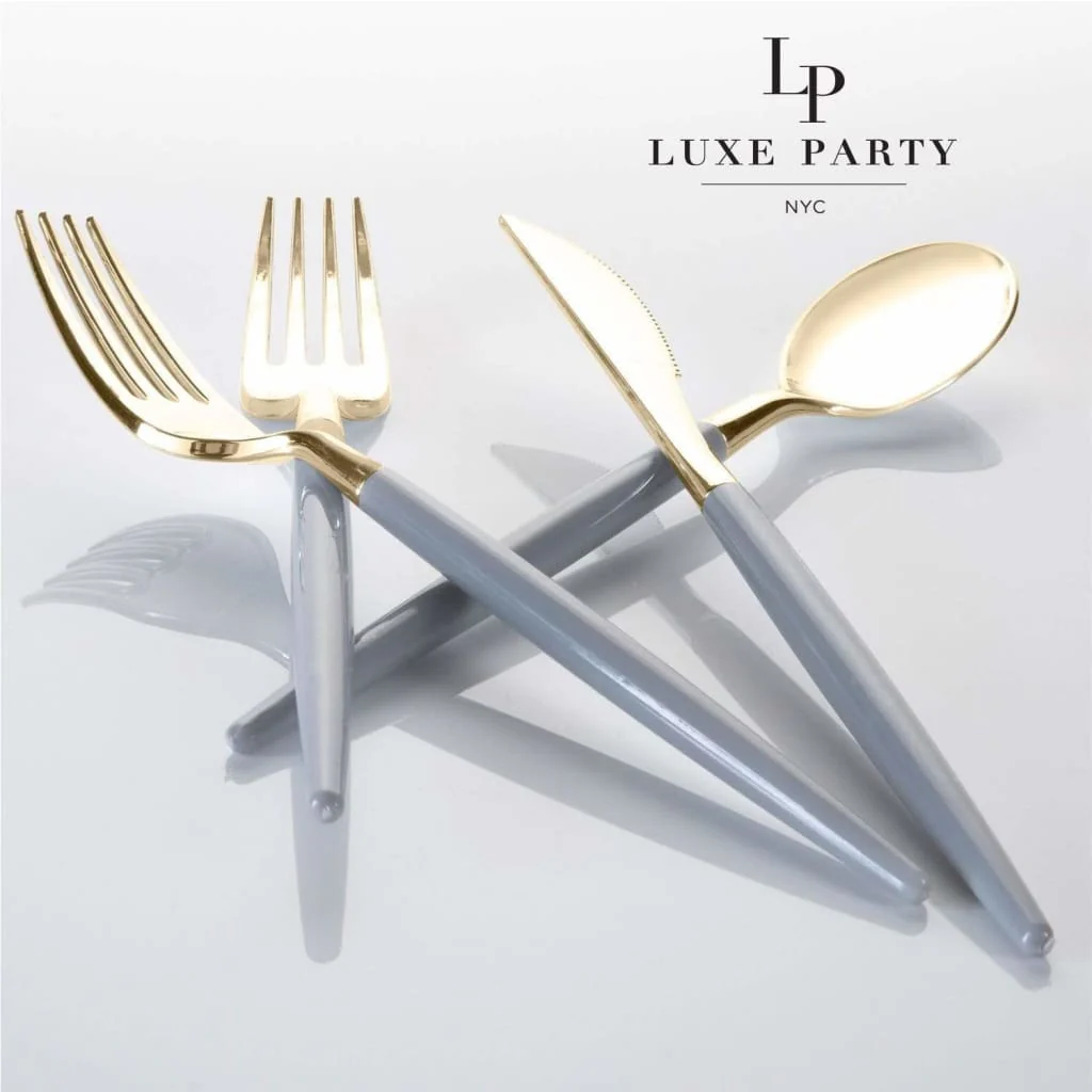 Grey • Gold Plastic Cutlery Set | 32 Pieces - Image 4