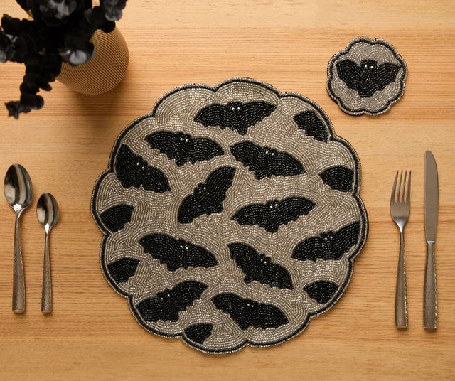 Halloween Bat Beaded Coaster – Handmade Cup Mat with Glass Beads - Image 3