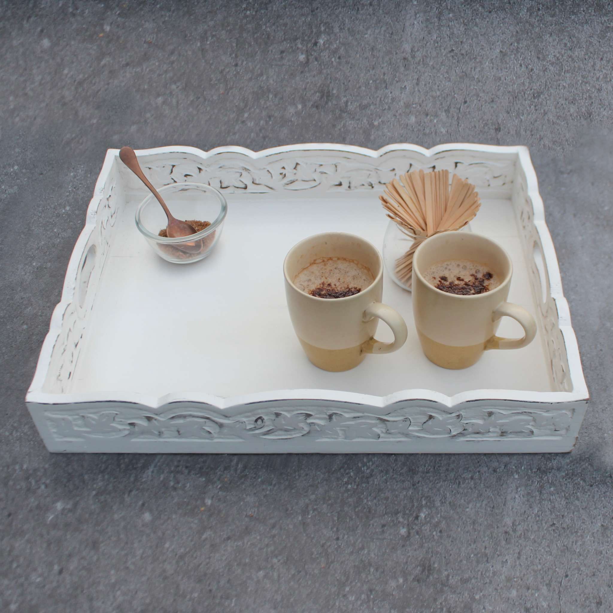 Hand-Carved Serving Tray in White - Image 4