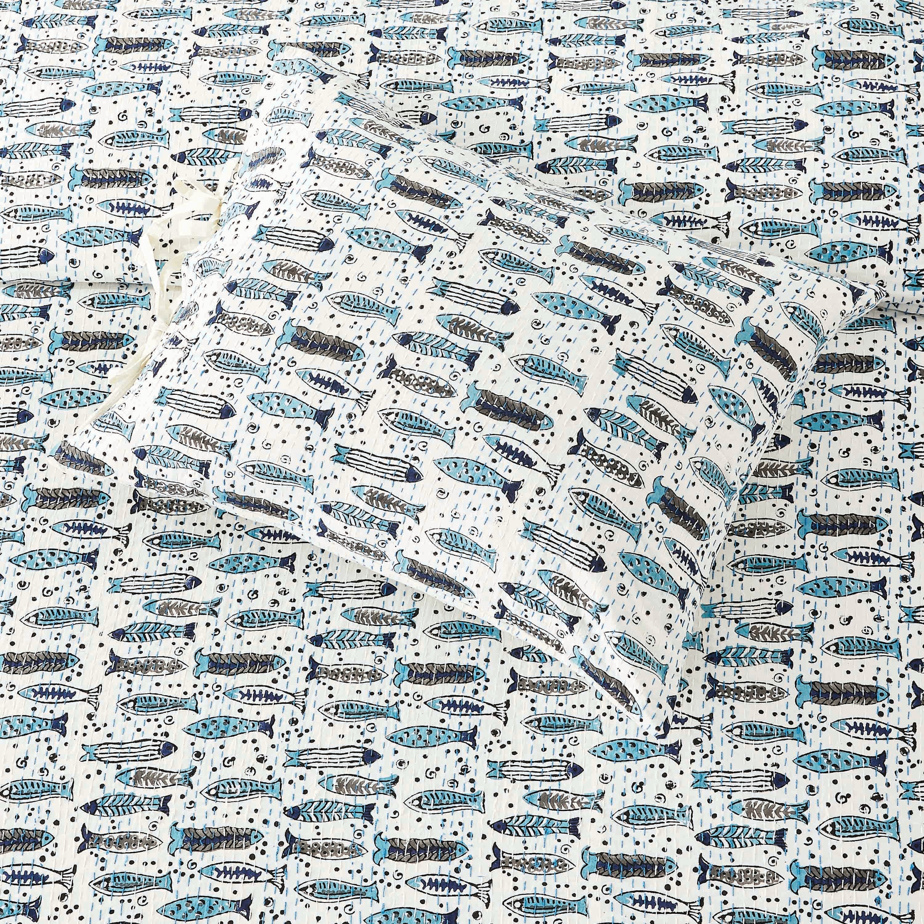 Hand Stitched Block Print Kantha Pillow Sham Pairs - Image 12