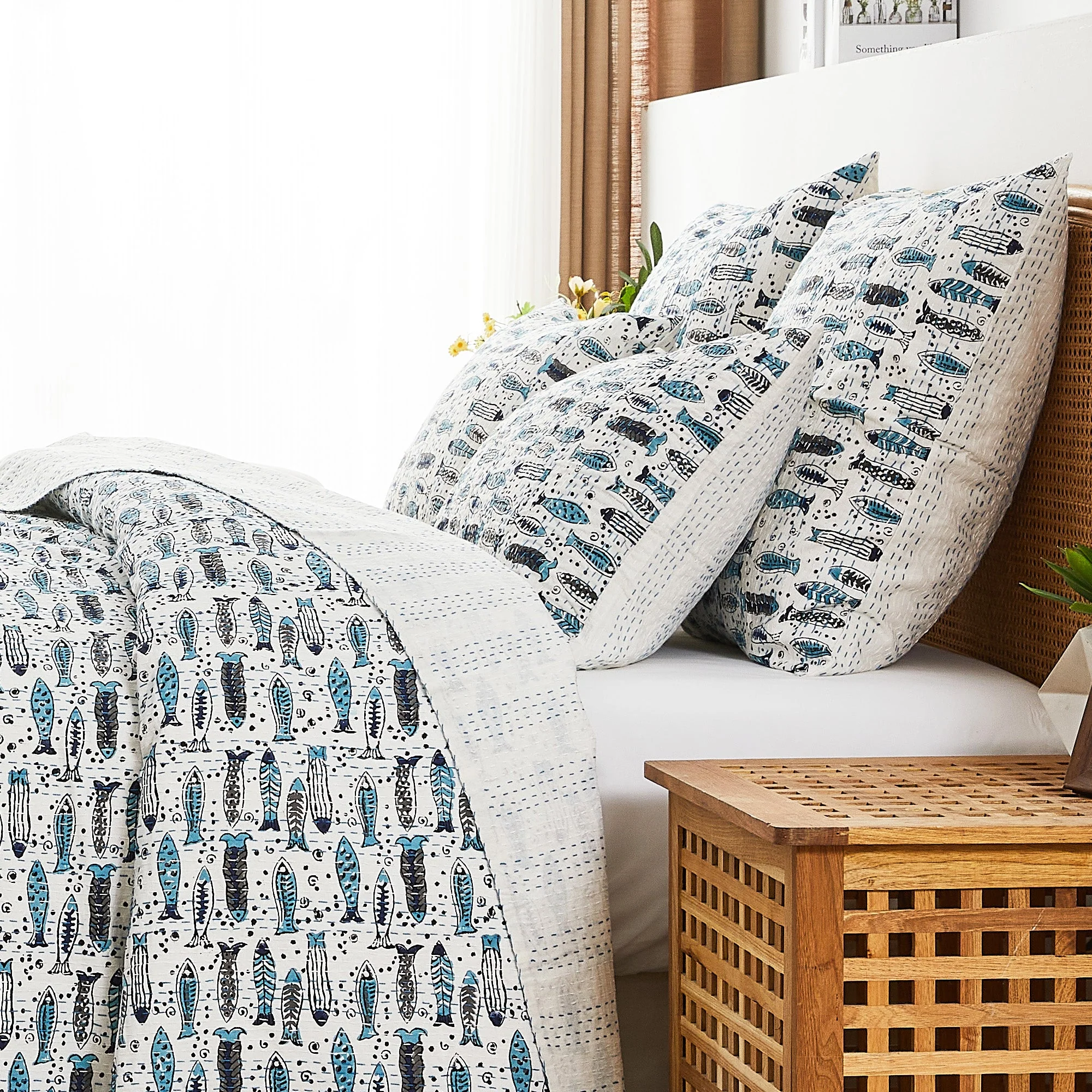 Hand Stitched Block Print Kantha Pillow Sham Pairs - Image 14