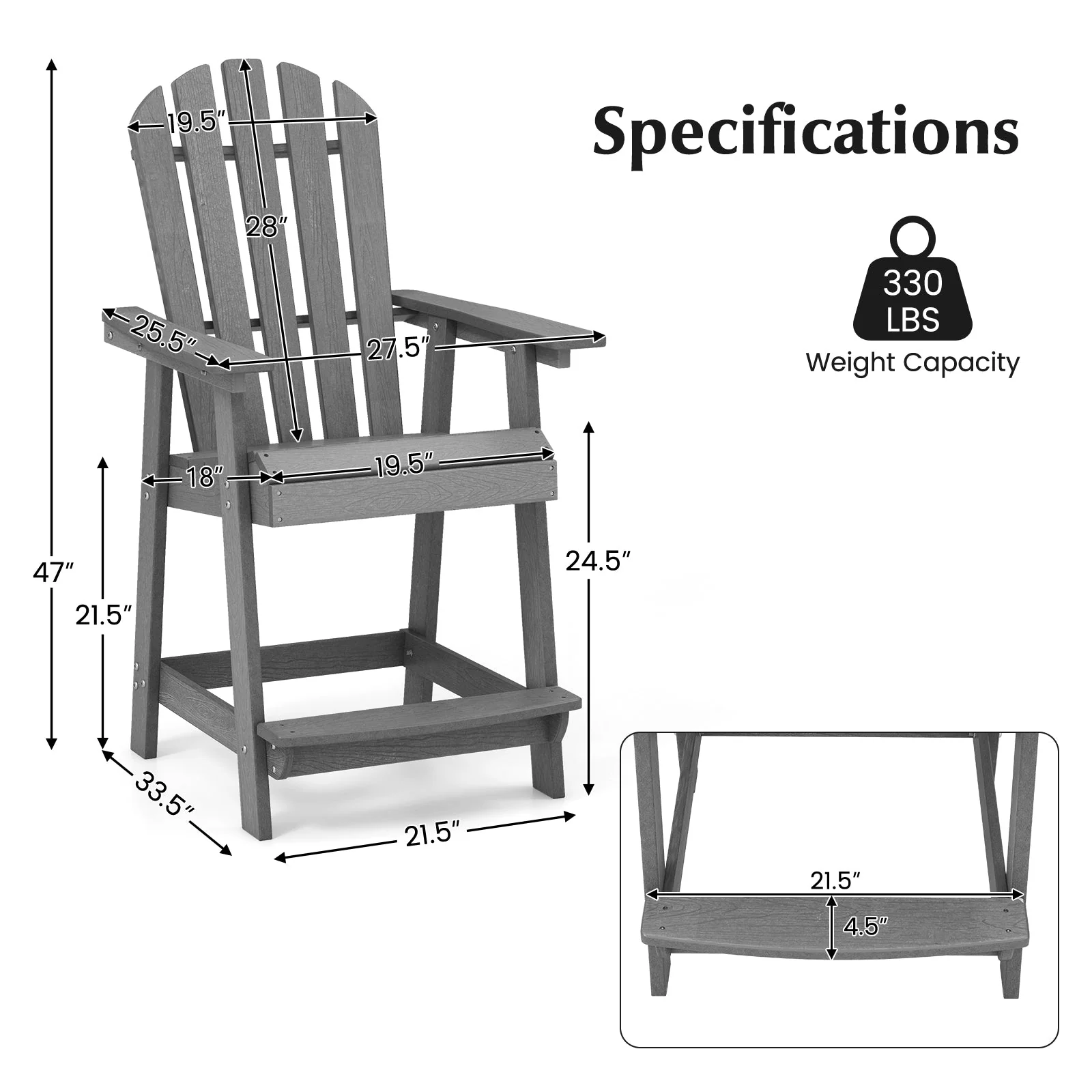 Patio Chair with Armrest and Footrest - Gray - Image 5
