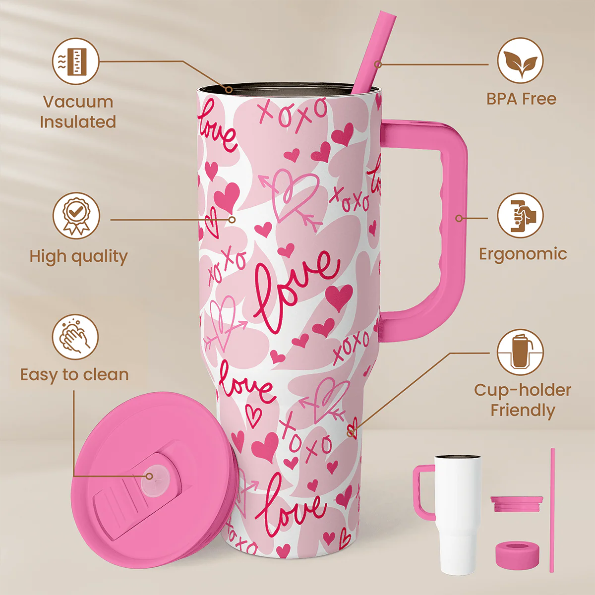 Valentine's Pink Heart Tumbler with Handle & Straw - 40oz - Image 3