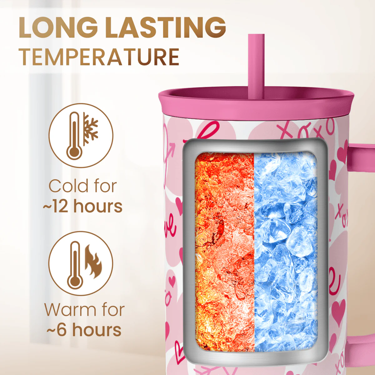 Valentine's Pink Heart Tumbler with Handle & Straw - 40oz - Image 5