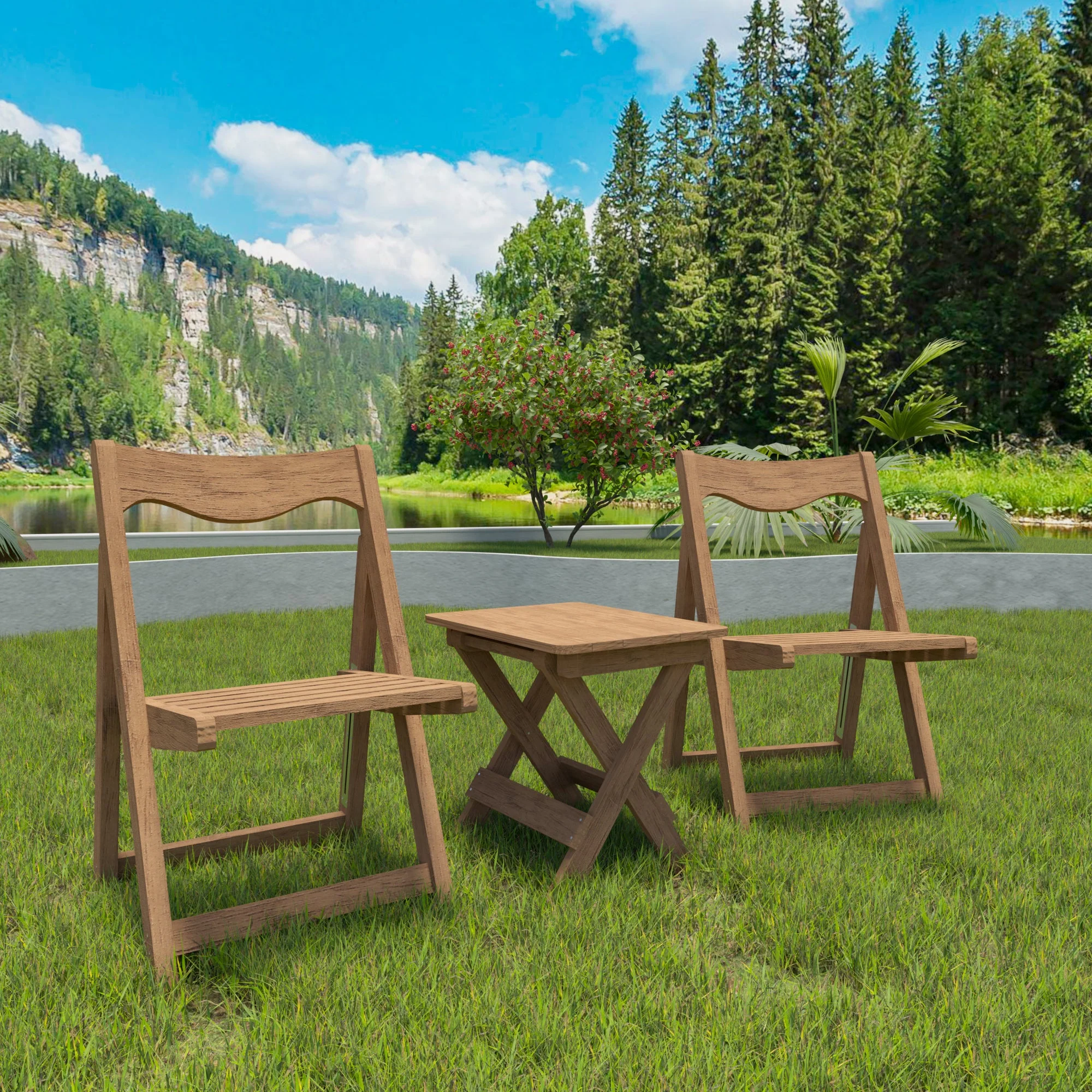 Outdoor Bistro Set, Foldable Small Table and Chair Set, Teak - Image 3