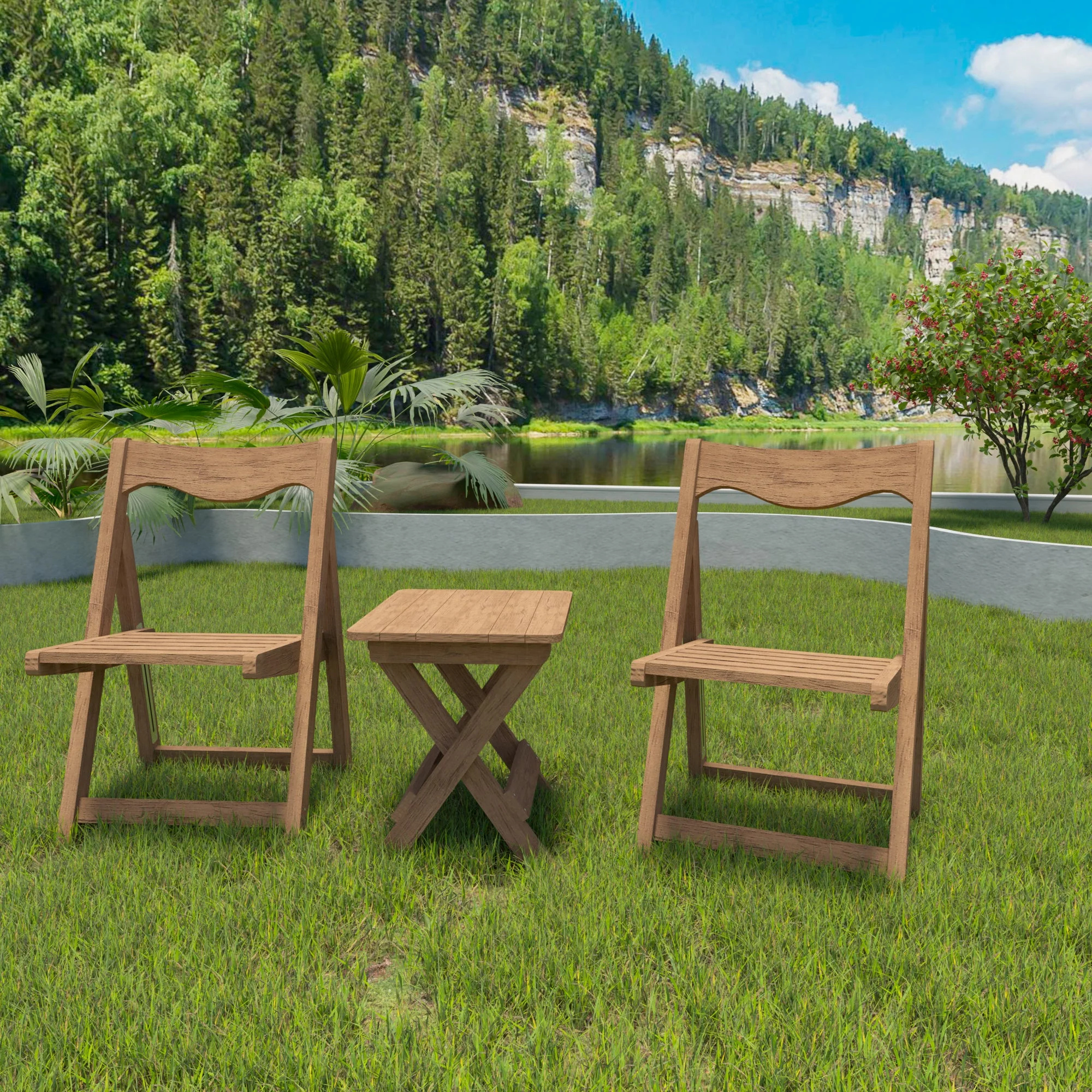 Outdoor Bistro Set, Foldable Small Table and Chair Set, Teak - Image 4