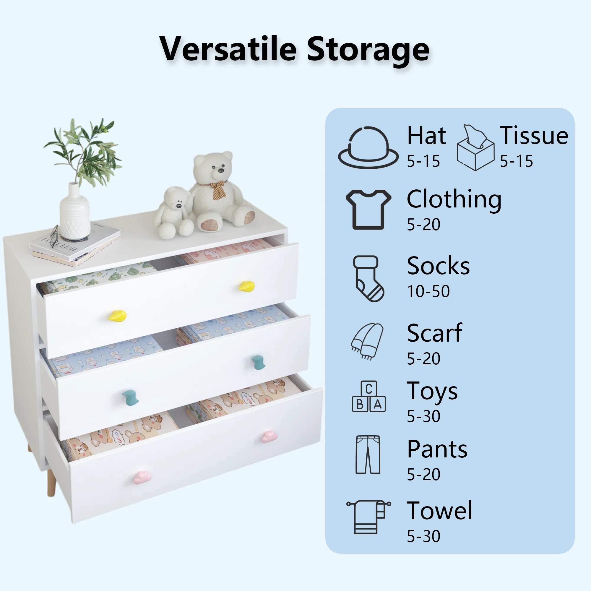 Kids 3 Drawer Dresser, Baby Nightstand for Bedroom - White - Image 14