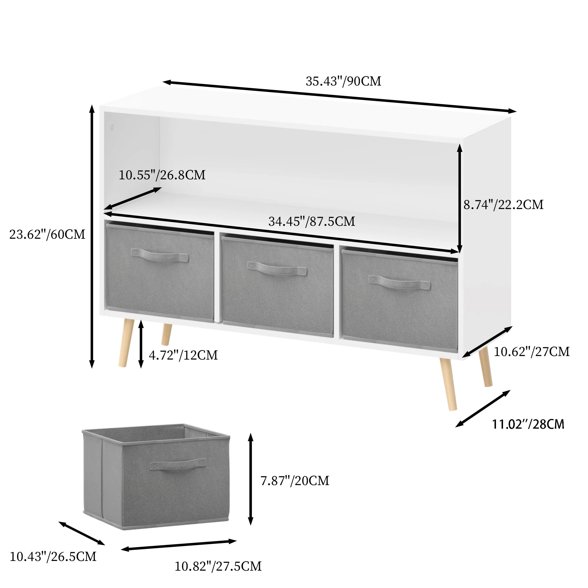 Kids bookcase with Collapsible Fabric Drawers, White/Gray - Image 19