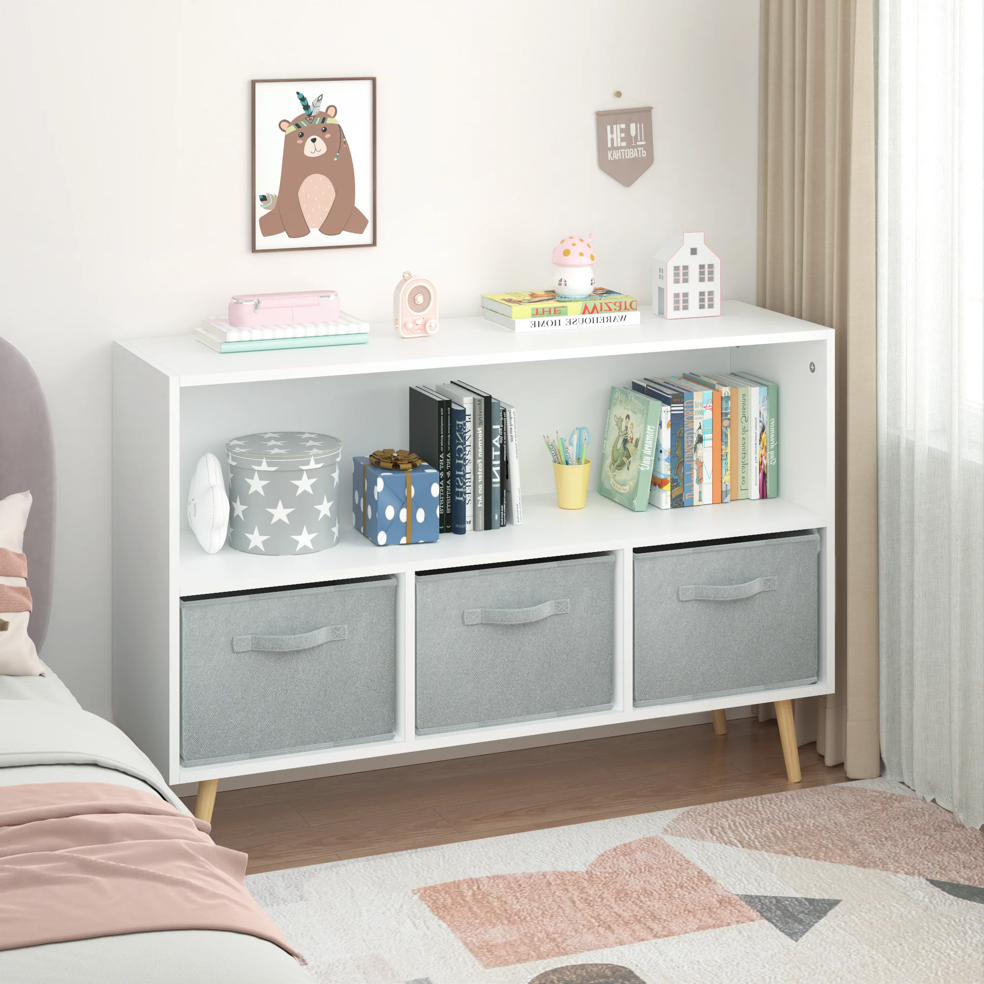 Kids bookcase with Collapsible Fabric Drawers, White/Gray - Image 9