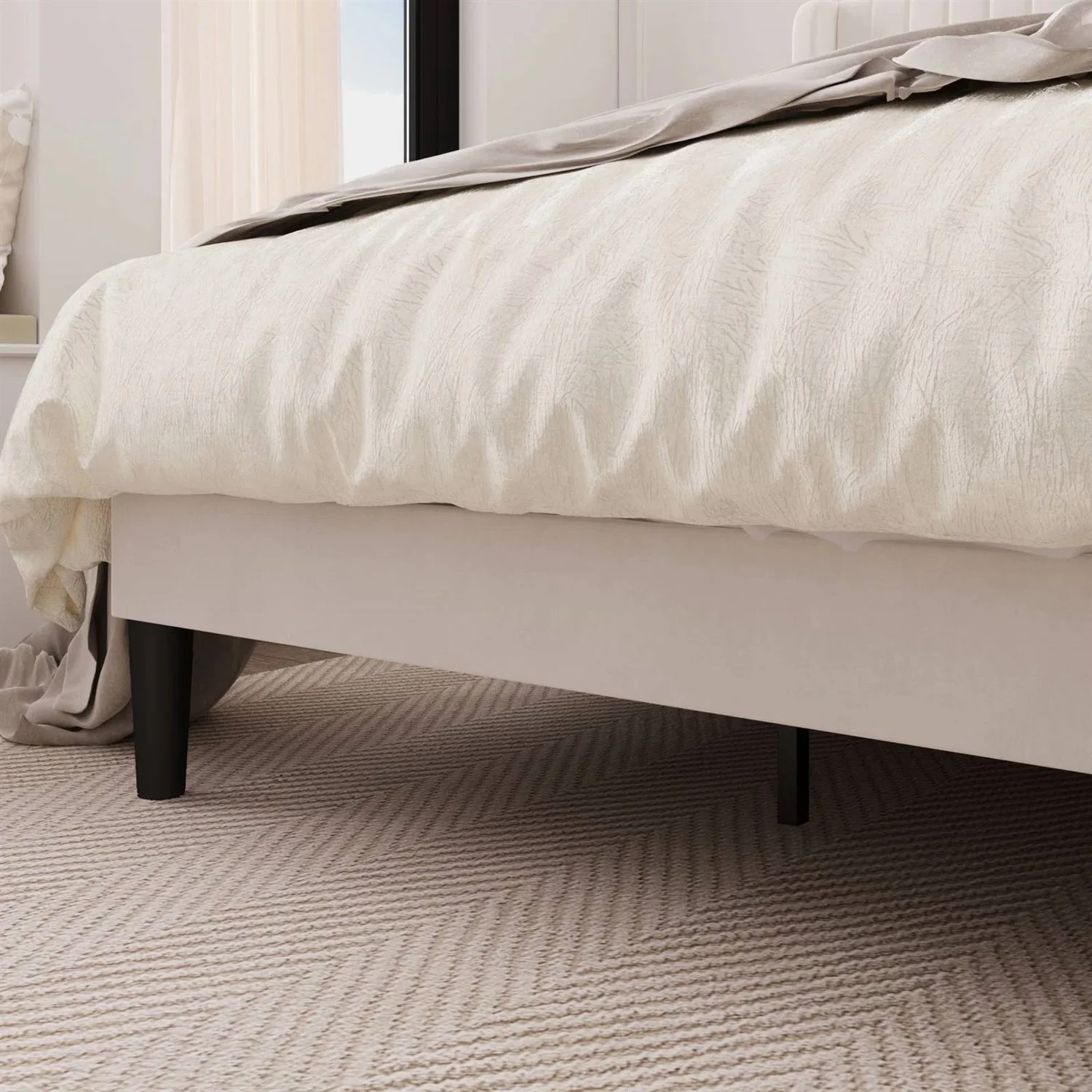 King Size White Velvet Upholstered Platform Bed Frame with Wingback Headboard - Image 3