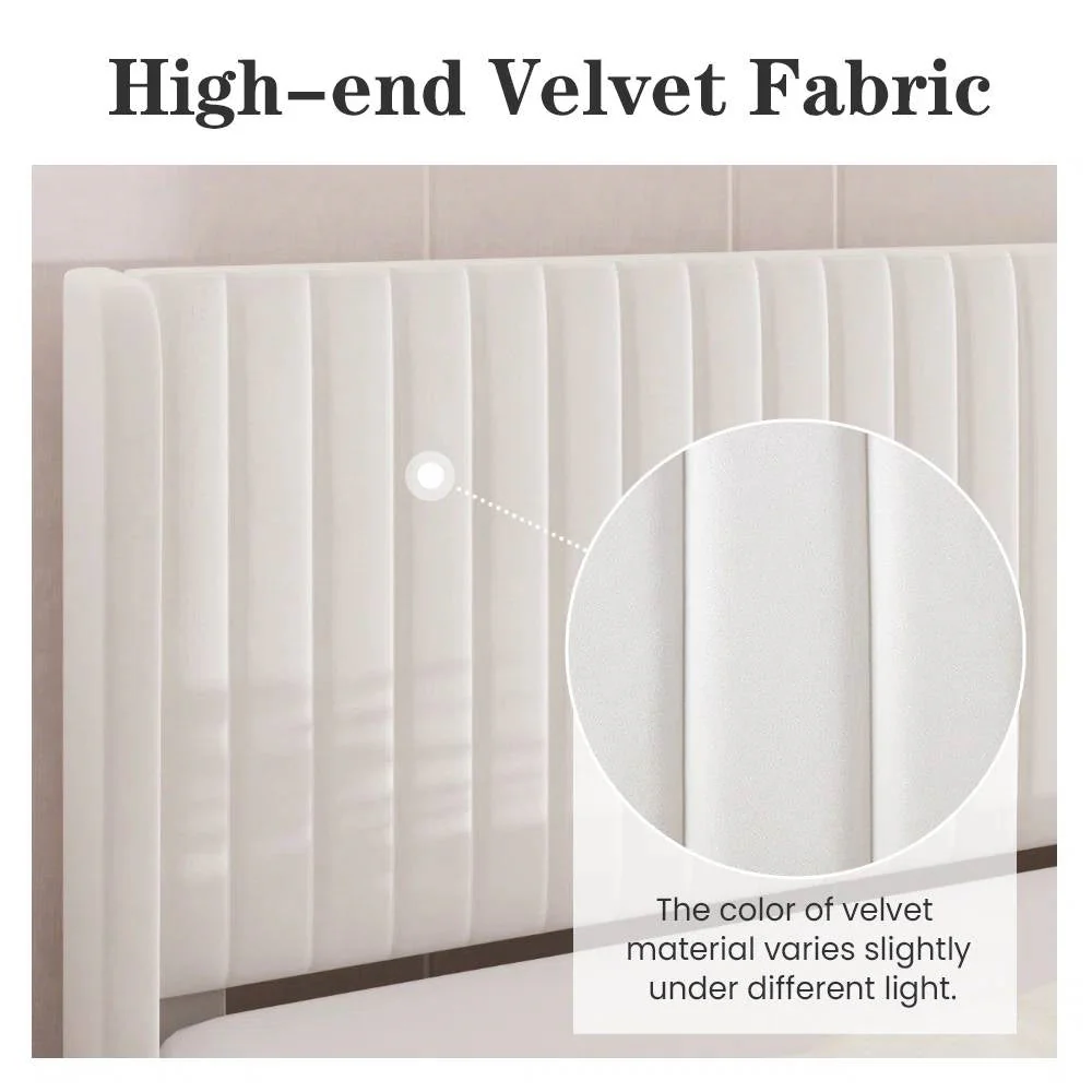 King Size White Velvet Upholstered Platform Bed Frame with Wingback Headboard - Image 4