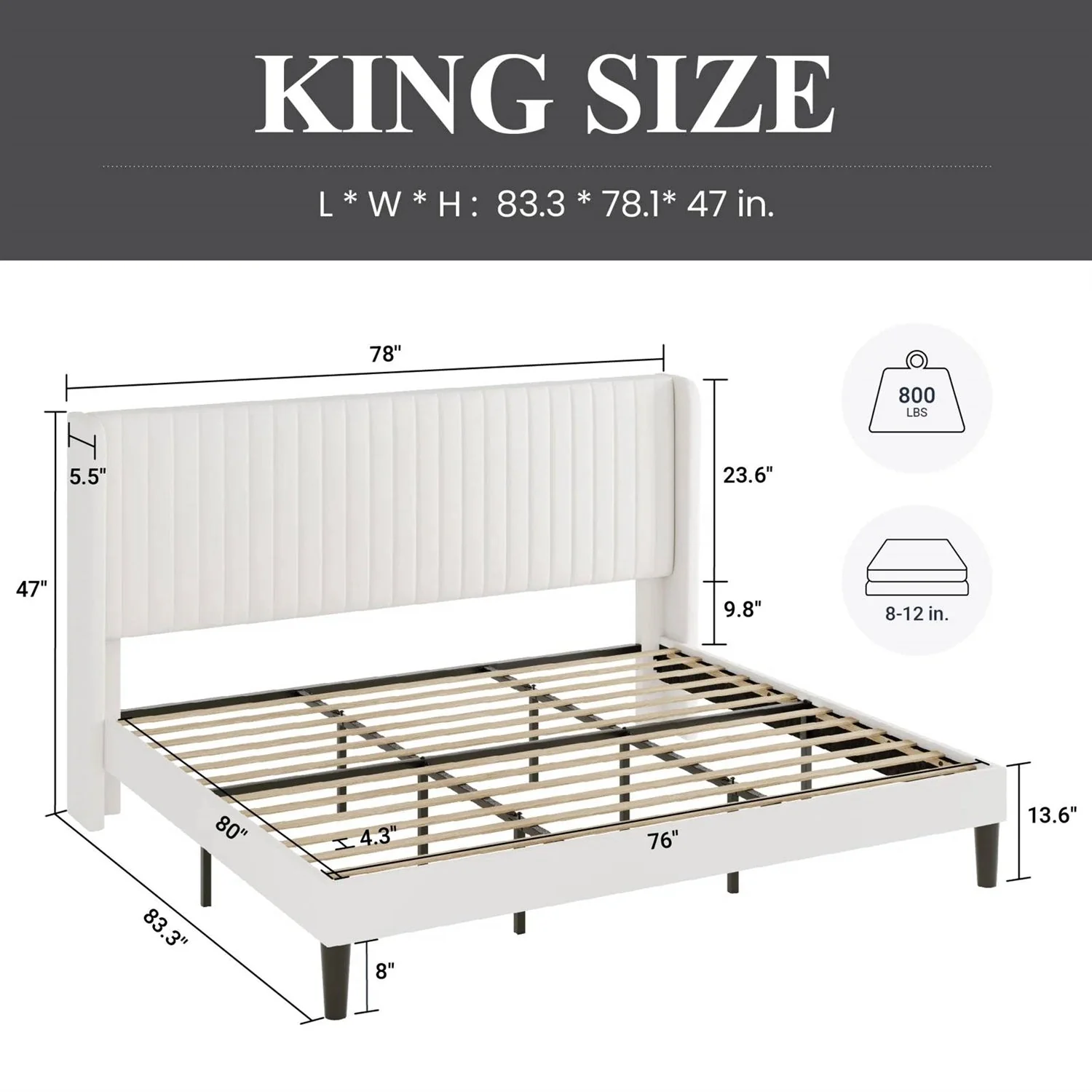 King Size White Velvet Upholstered Platform Bed Frame with Wingback Headboard - Image 5
