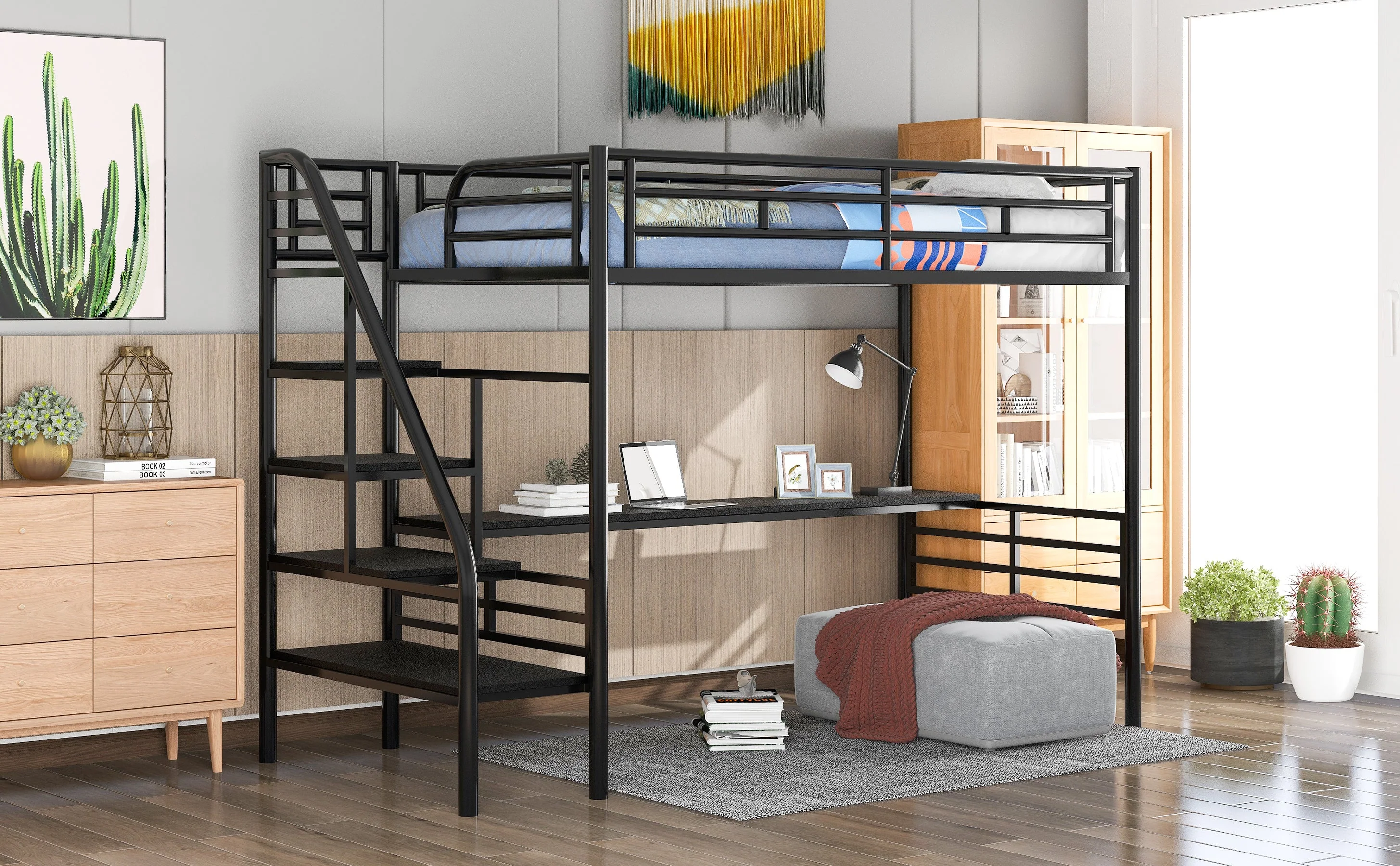 Metal Loft Bed Frame with Desk, Twin, Black - Image 3