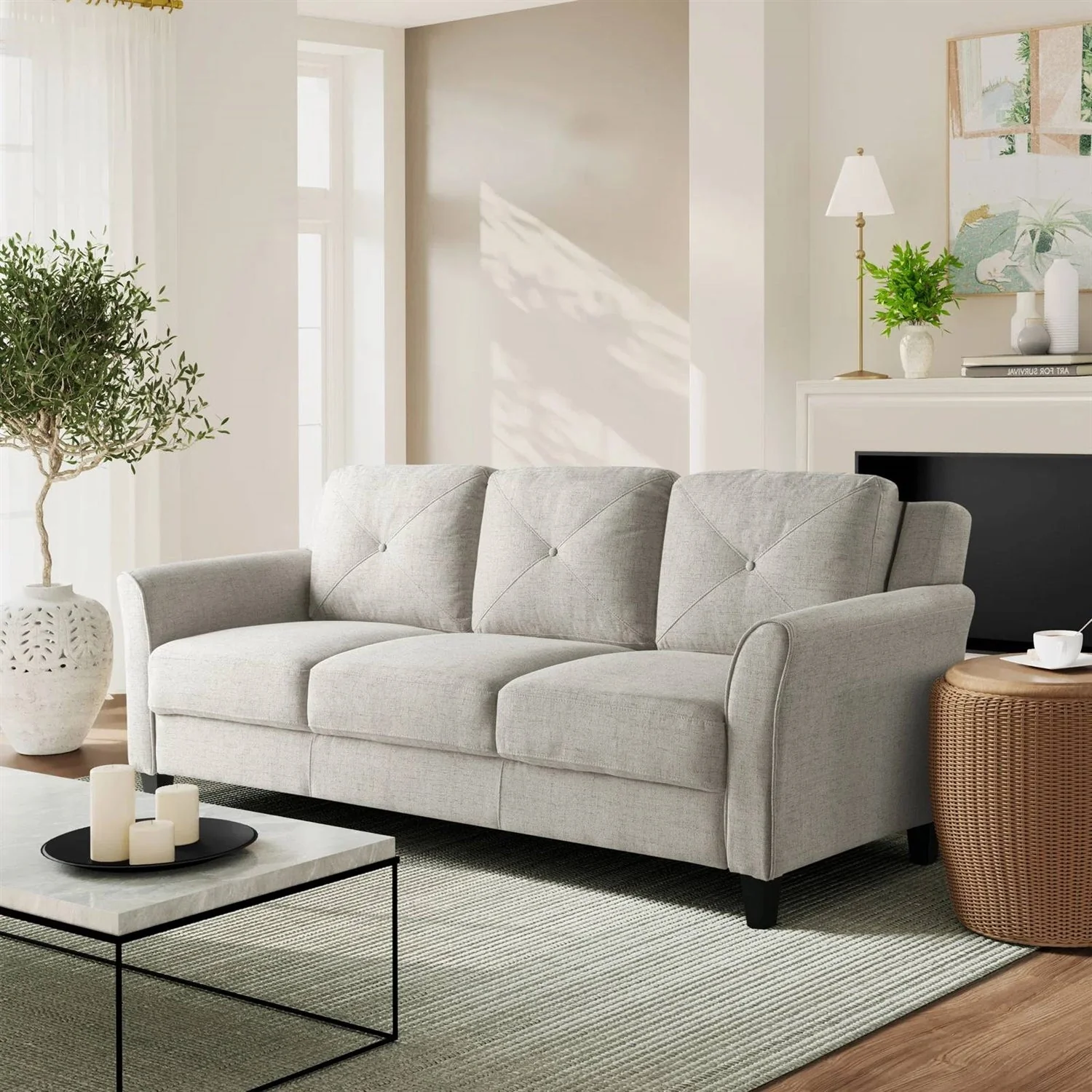 3-Seater Upholstered Sofa in Cream with Button Tufted Cushions