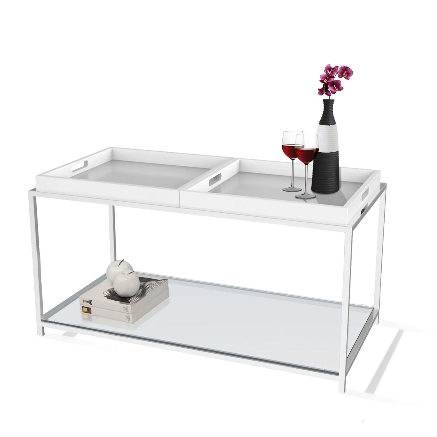 Modern Chrome Metal Coffee Table with 2 White Removable Trays - Image 2