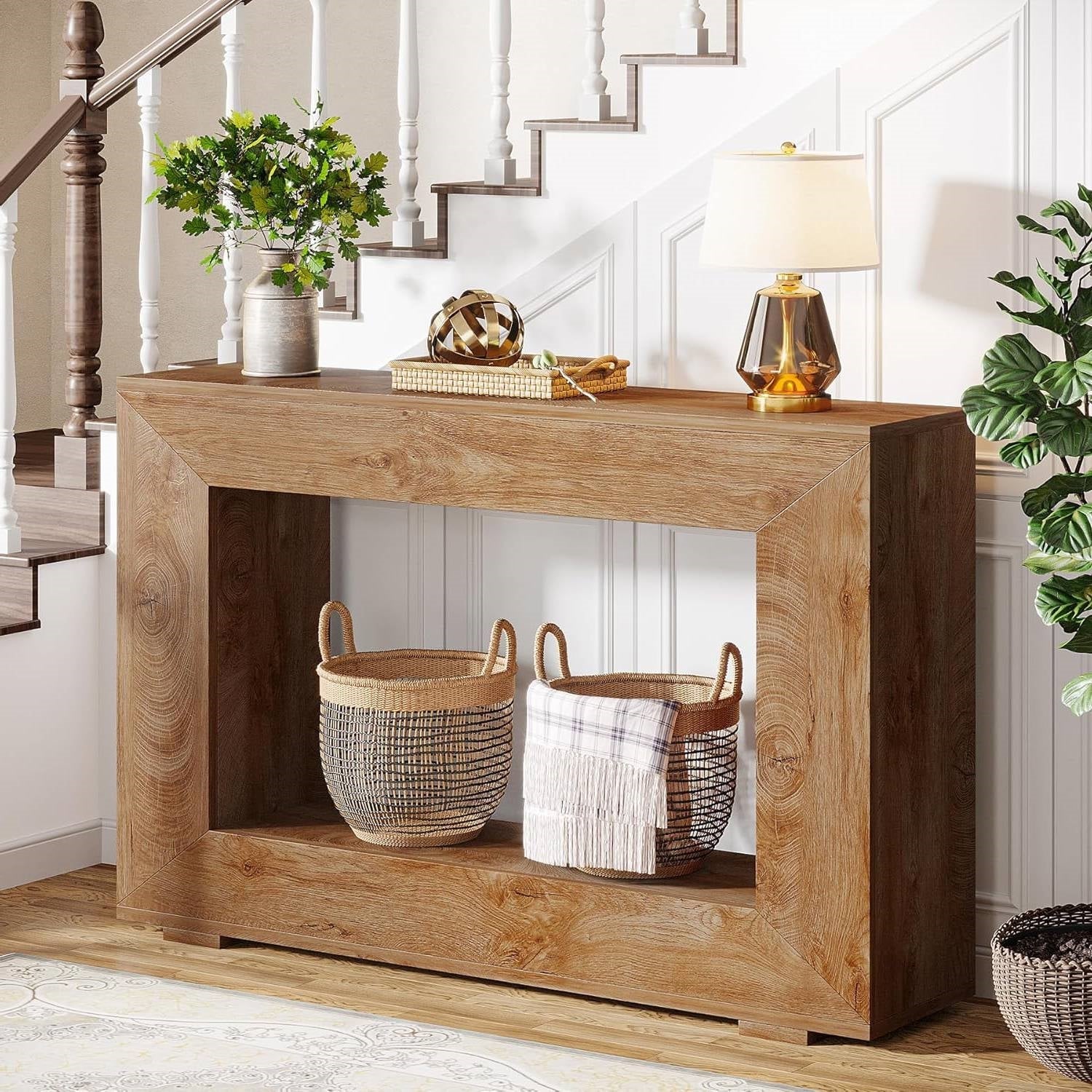 Farmhouse Entryway or Sofa Table in Brown Wood Finish - Image 4