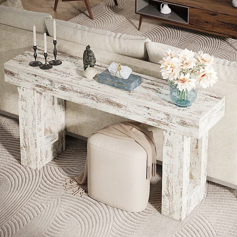 Farmhouse Console Sofa Table in Rustic White Wood Finish - Image 2